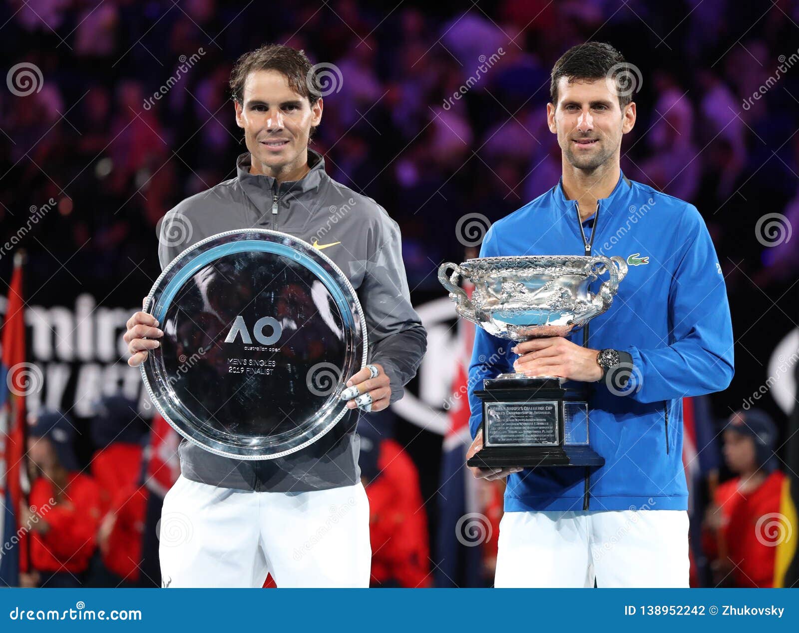 Rafael Nadal of L and 2019 Australian Open Champion Djokovic during Trophy Presentation after Match Editorial Photography - Image of action, match: 138952242