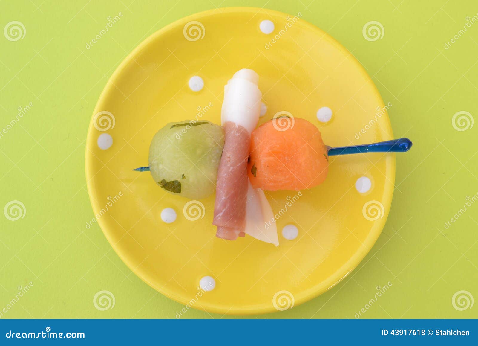 Melon balls and ham stock photo. Image of plate, small 43917618