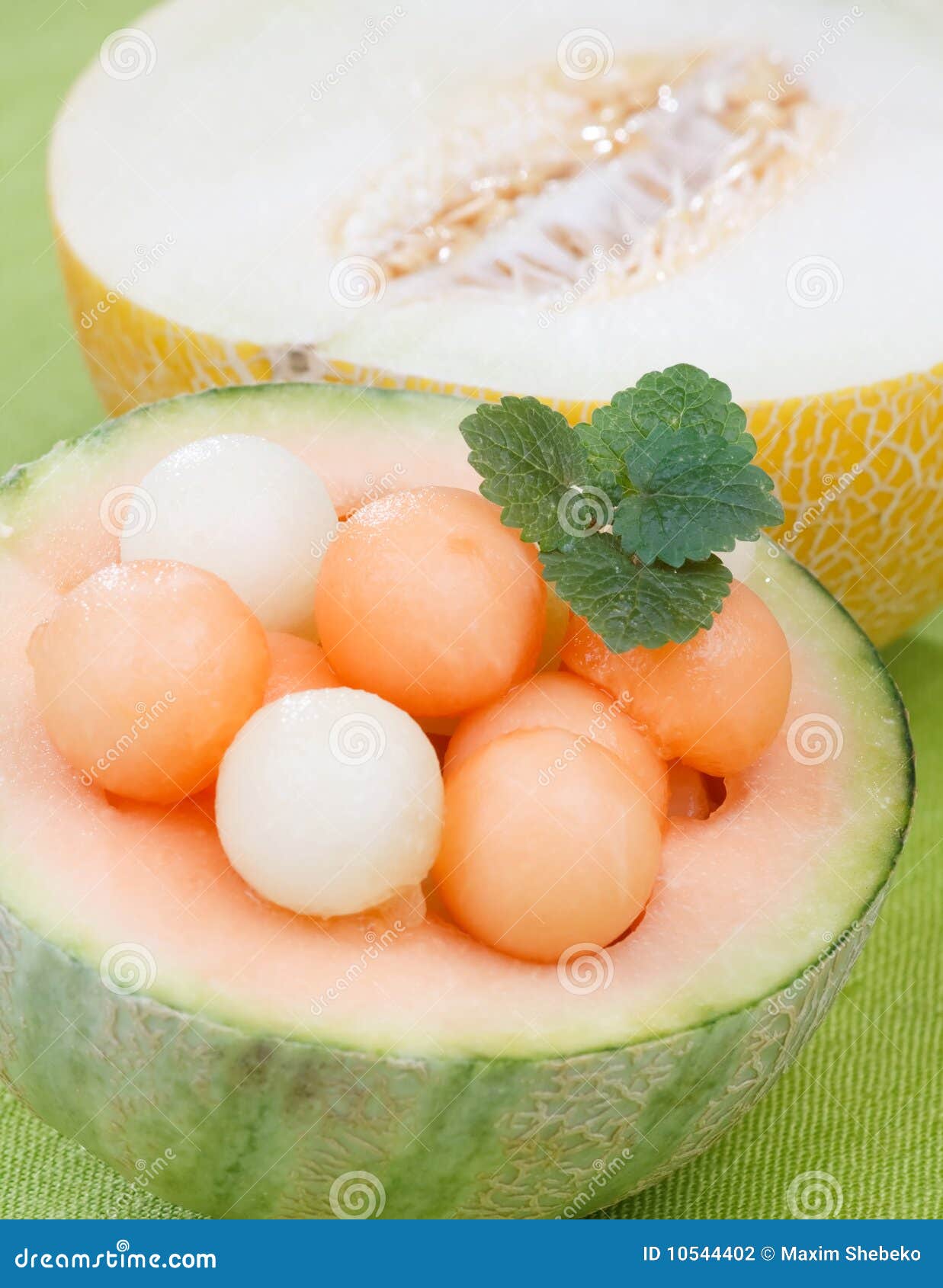 Melon balls with mint stock photo. Image of background 10544402