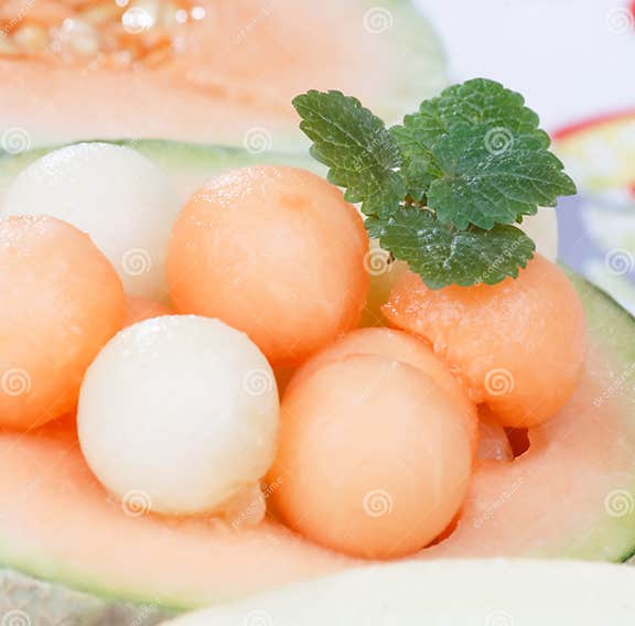 Melon balls with mint stock image. Image of leaf, diet 11201439