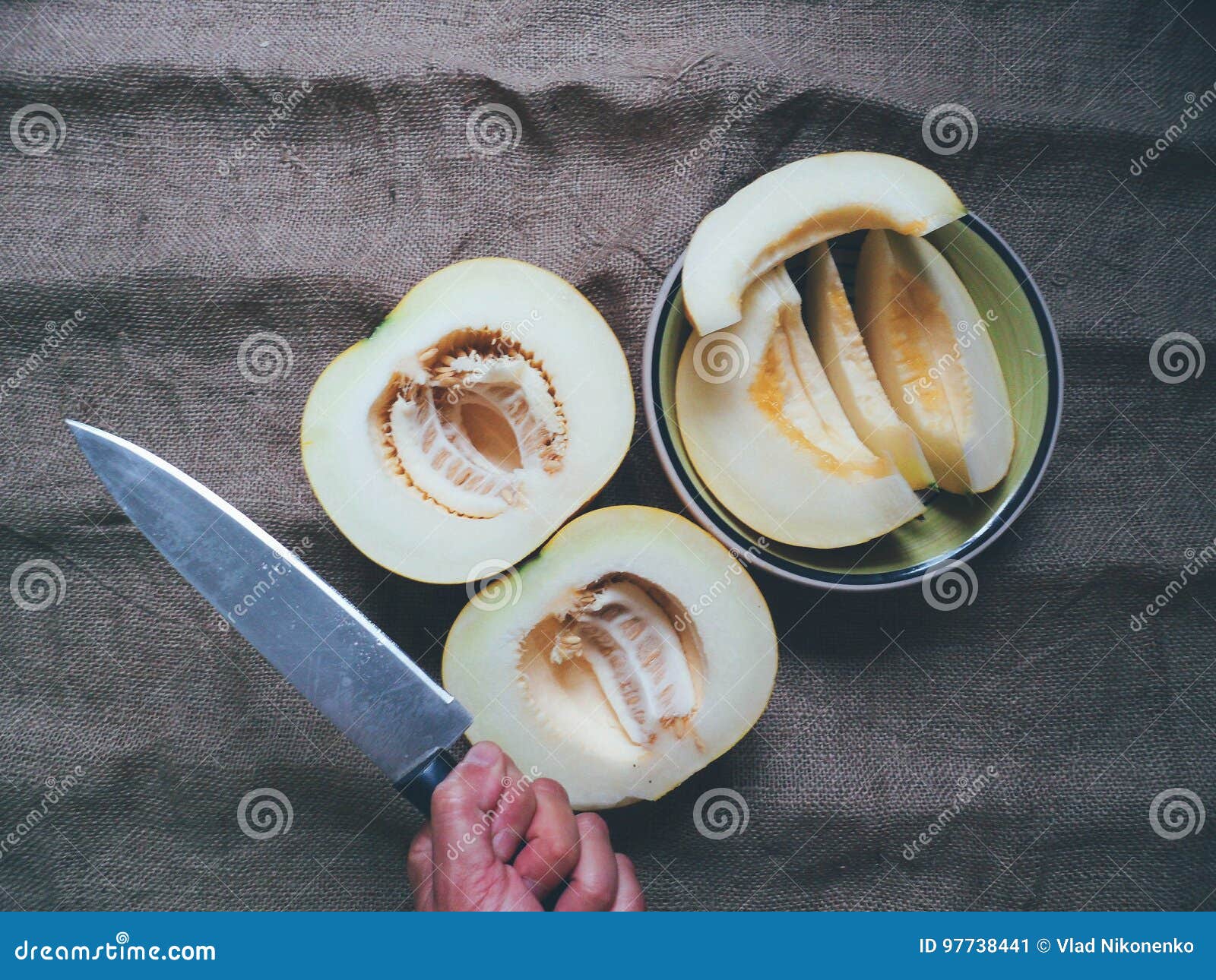 Melon Cut in Half and on Knives Stock Image Image of melon, flavor