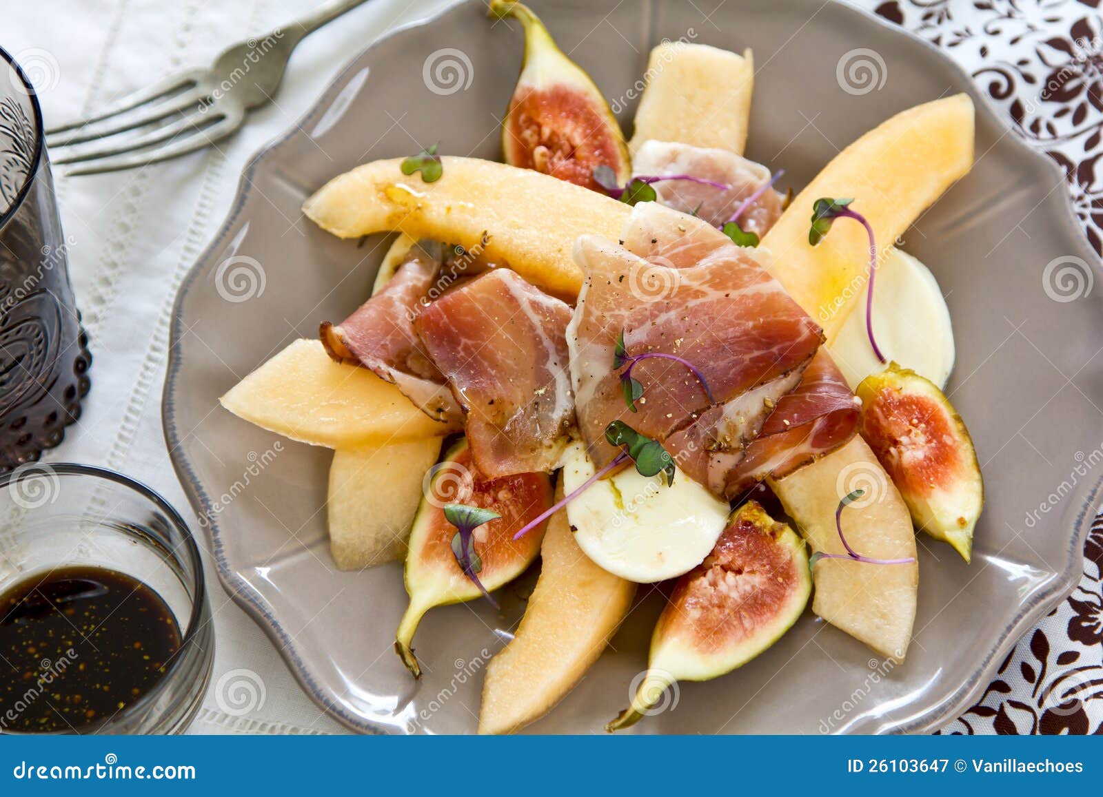 Melon,Fig ,Prosciutto and Mozzarella Salad Stock Image Image of