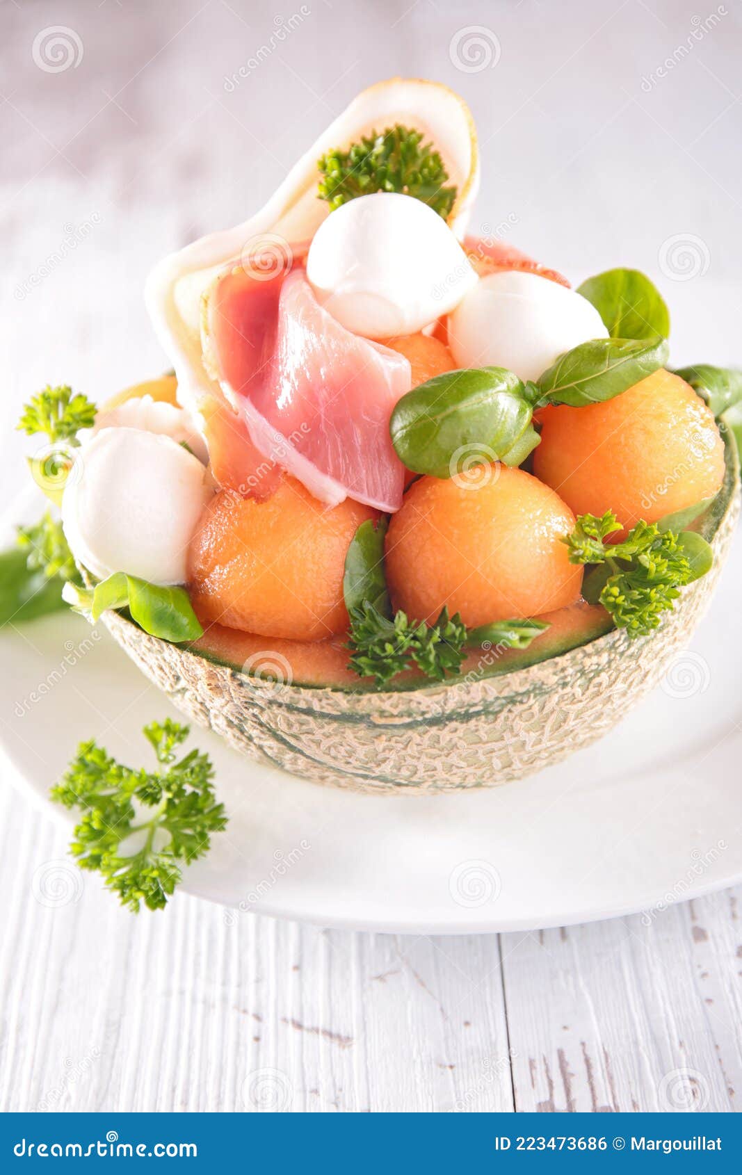 Melon Salad with Prosciutto Ham Stock Photo Image of basil, dinner