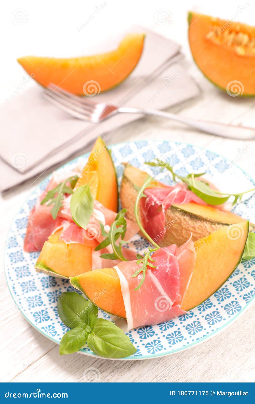 Melon Slices with Prosciutto Ham Stock Image Image of fruit, dining