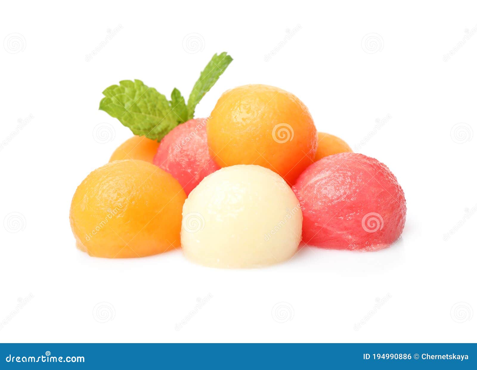 Melon and Watermelon Balls with Mint on Background Stock Photo Image