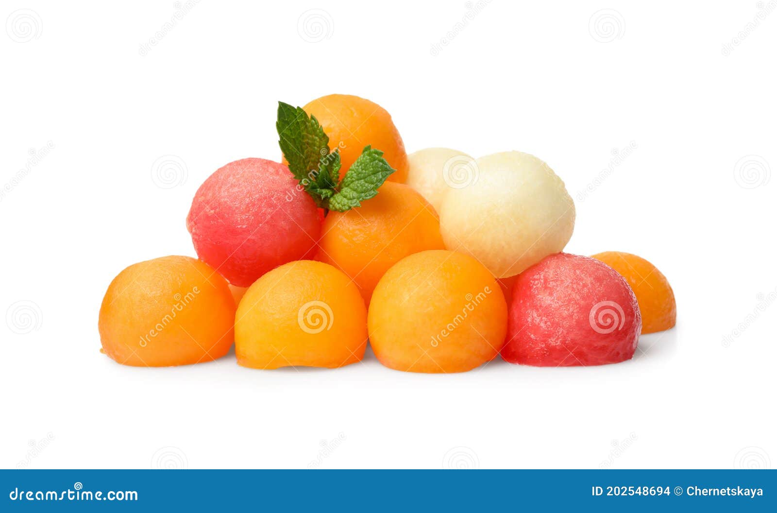 Melon and Watermelon Balls with Mint on White Background Stock Photo
