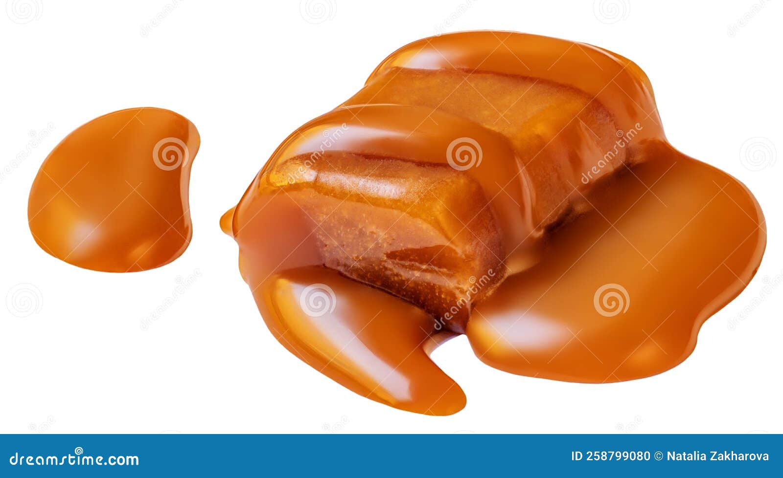 Melting Caramel Candy with Sauce Flowing Isolated on White Background