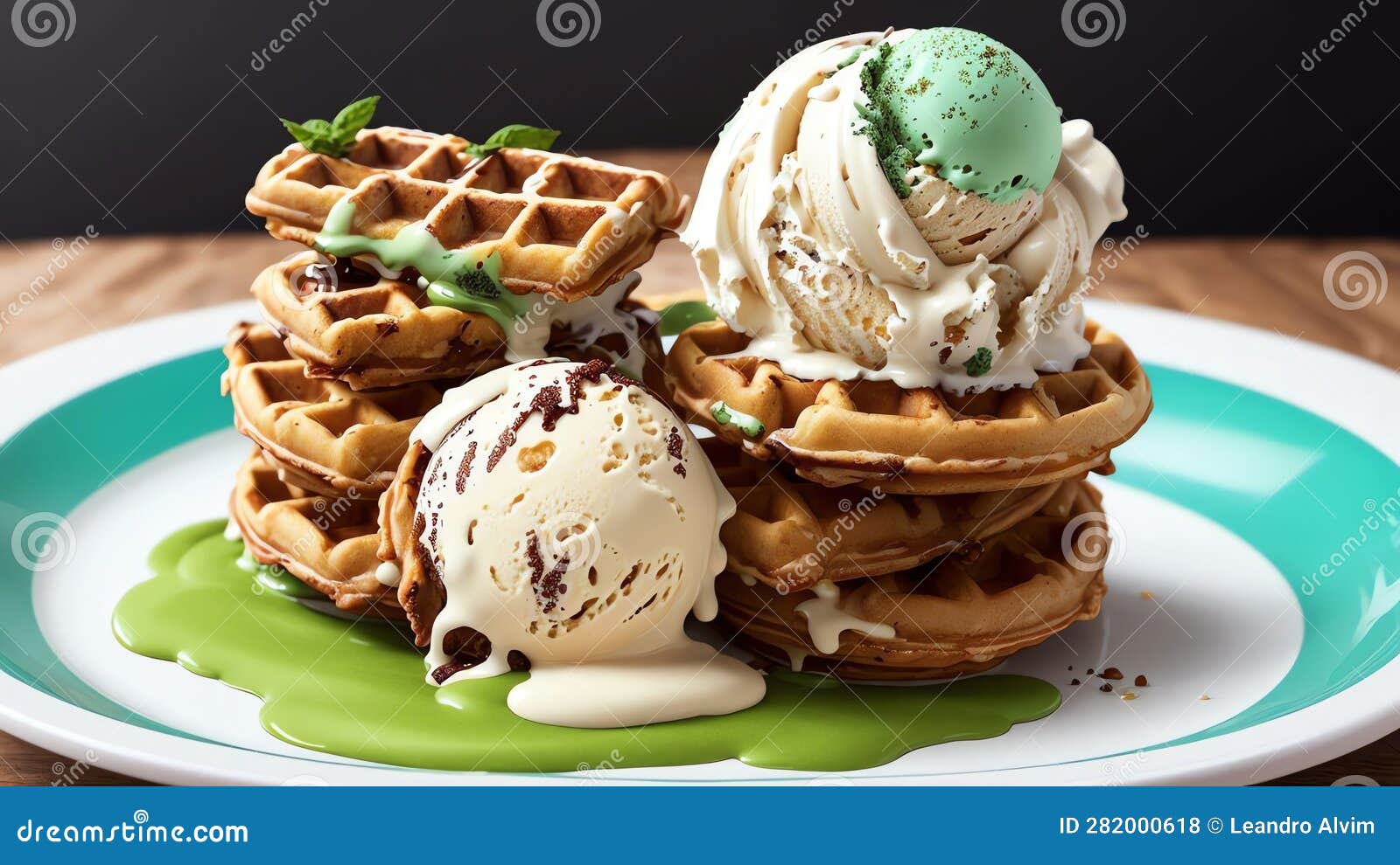 Melting Delight Green Tea Ice Cream on a Waffle.AI Generated Stock