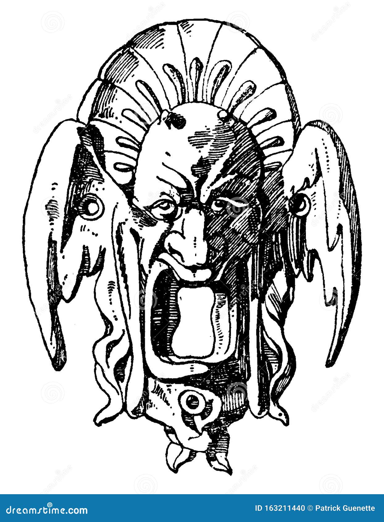 melting grotesque mask has an escutcheon  of a lock during the german renaissance, vintage engraving