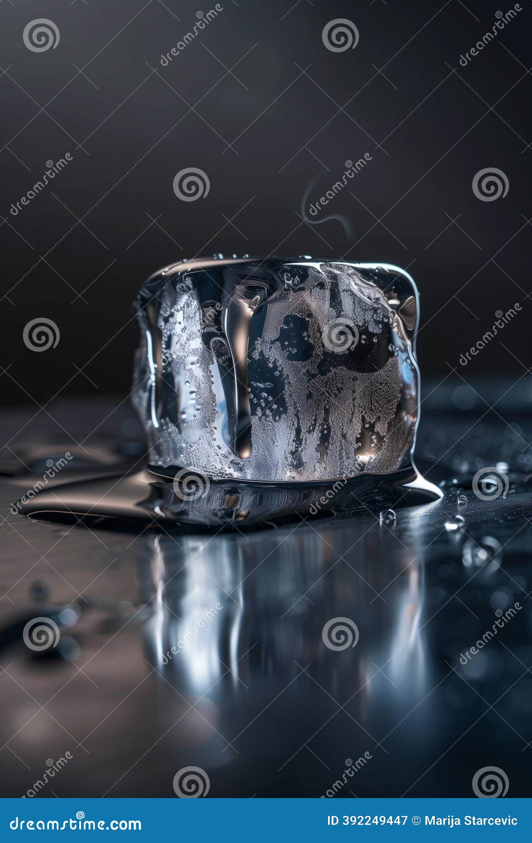 Melting Ice Cube with Mist. Reflective Surface with Water Droplets Creates  a Cool, Refreshing, and Visually Interesting Stock Image - Image of single,  studio: 392249447, image size:1067x1690