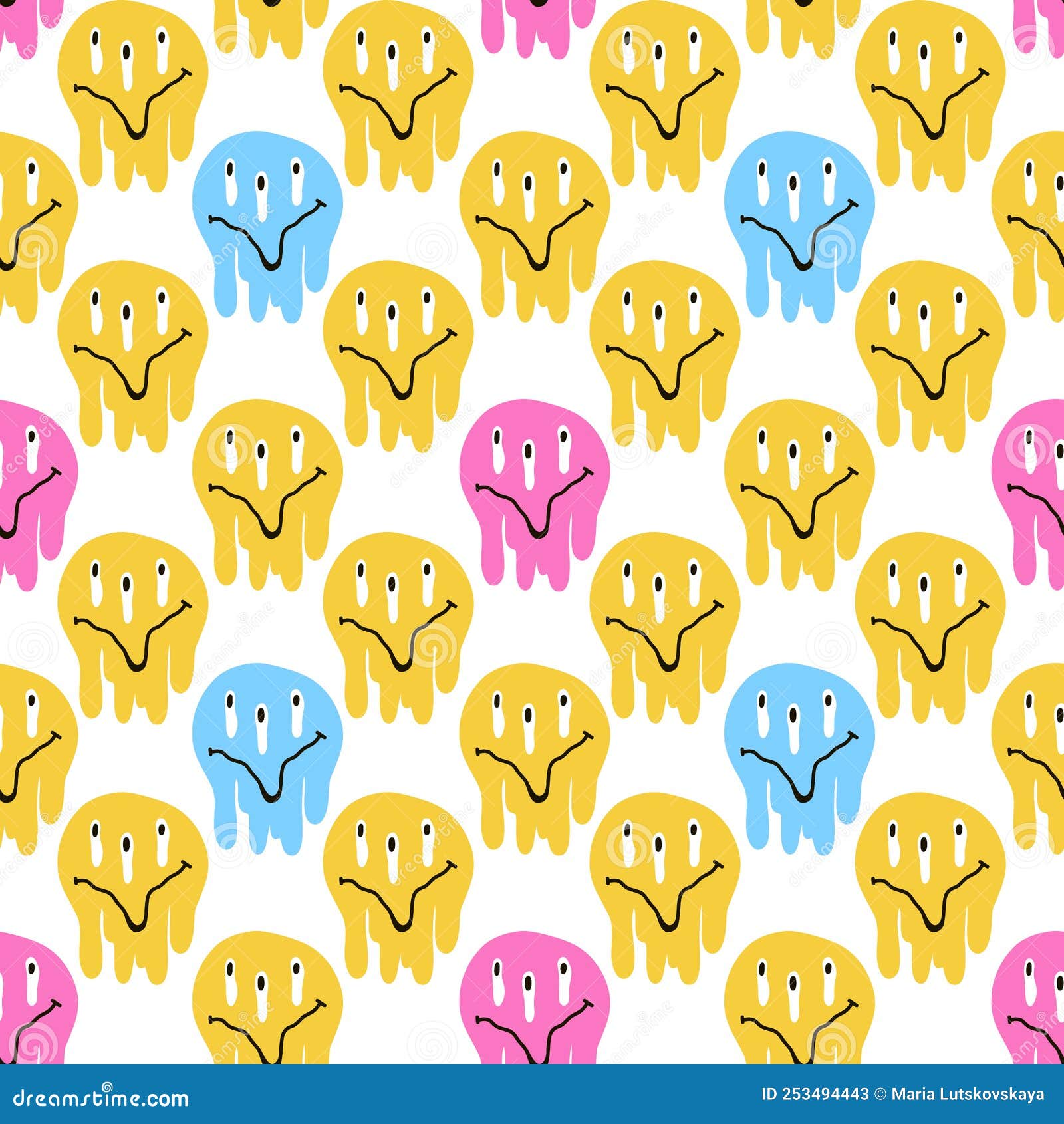Melting Smiling Faces Seamless Pattern. Yellow Colorful Groovy Emoji ...