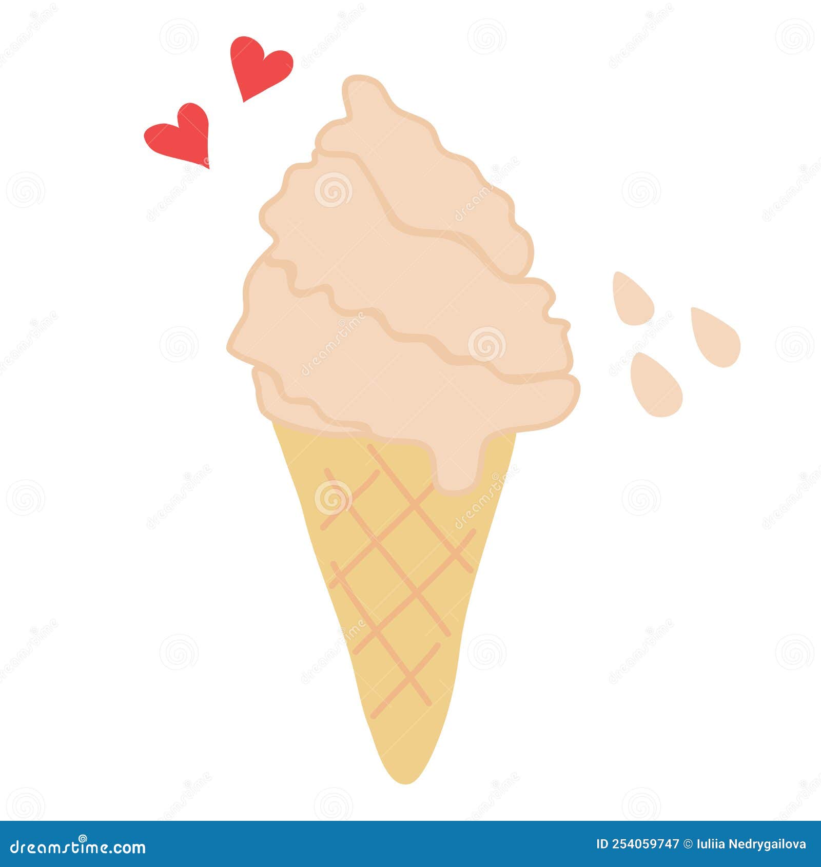 melting soft ice cream or softy in waffle cone, hearts and drops on background, flat doodle 