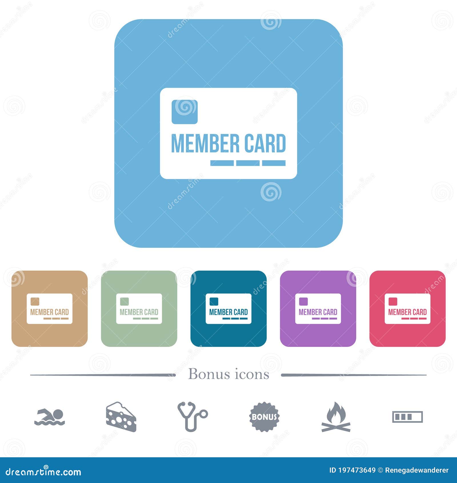 member card flat icons on color rounded square backgrounds