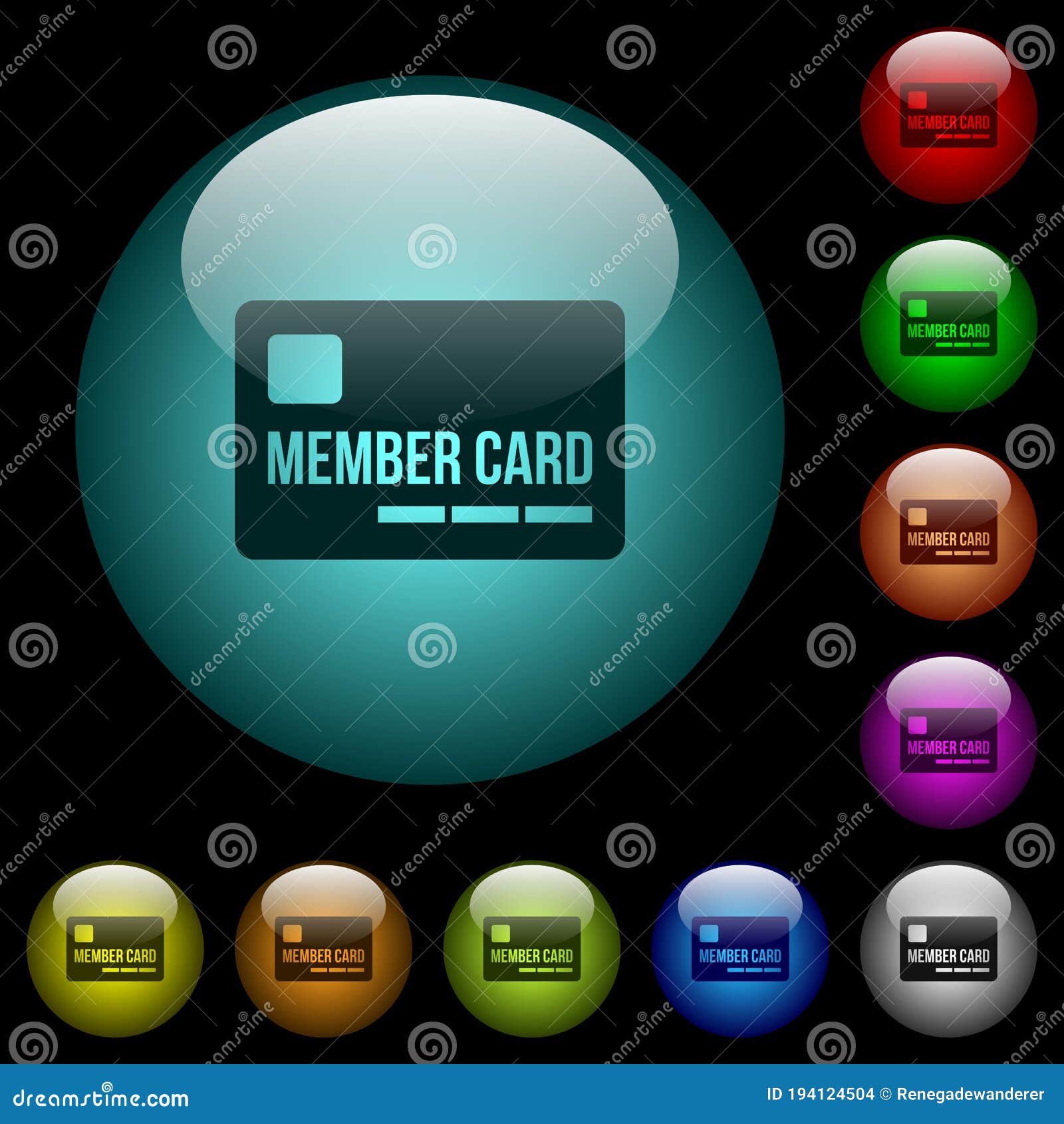 member card icons in color illuminated glass buttons