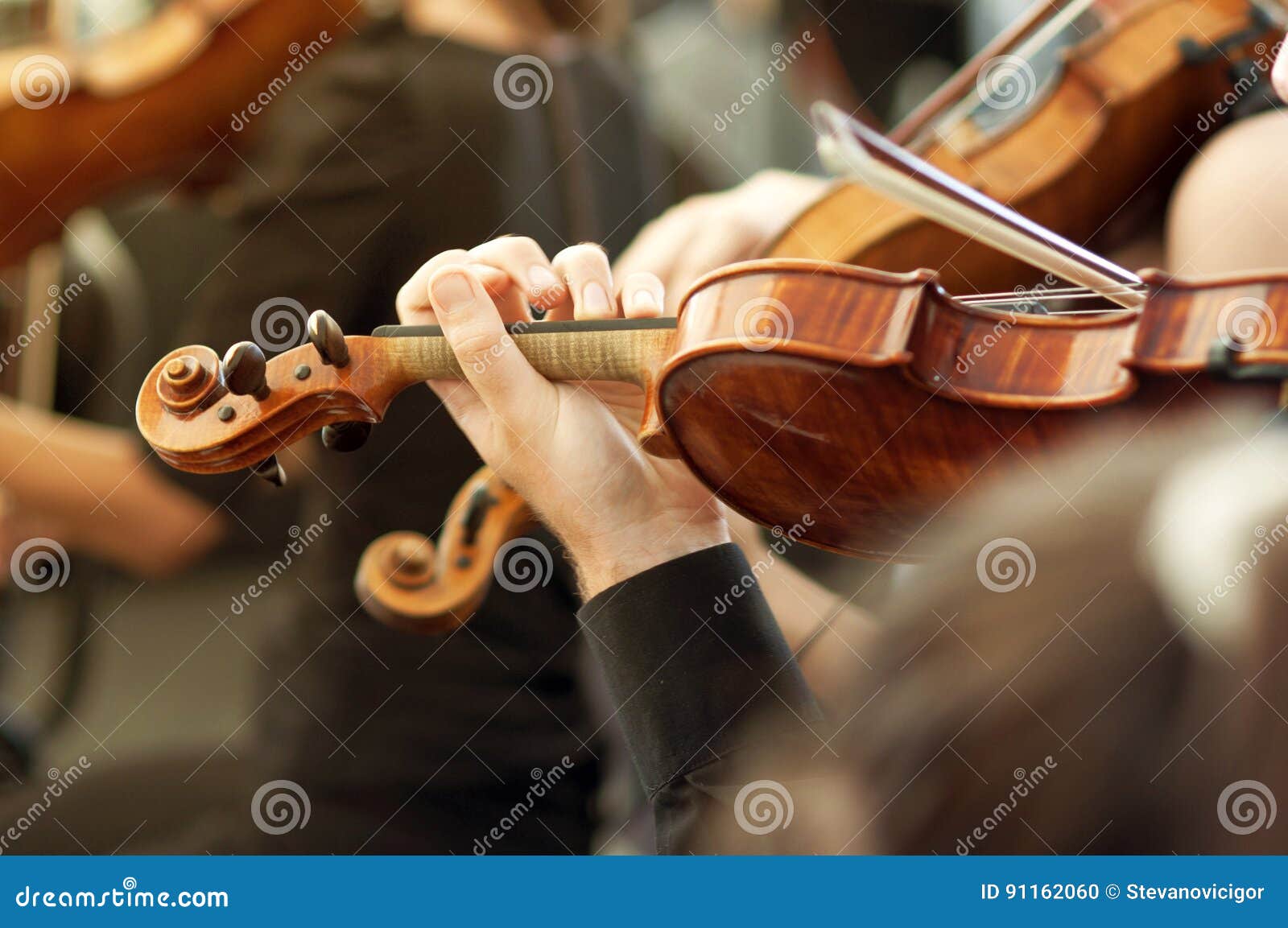 member of classical music orchestra playing violin on a concert