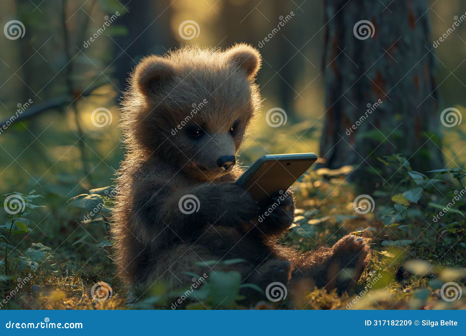 meme. baby bear uses smartphone in sunny forest, presenting a humorous juxtaposition of wildlife and modern