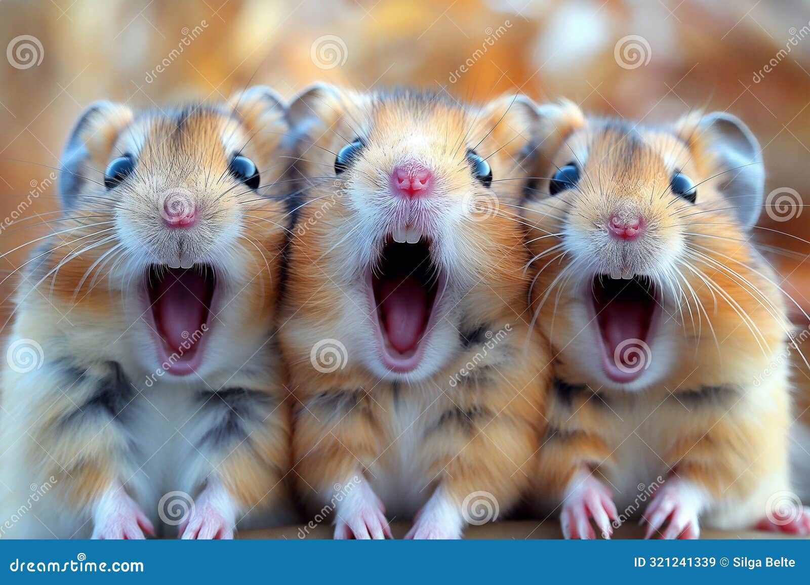 meme with three funny adorable screaming hamsters, mouths open as if surprised, nestled together. a sense of warmth and