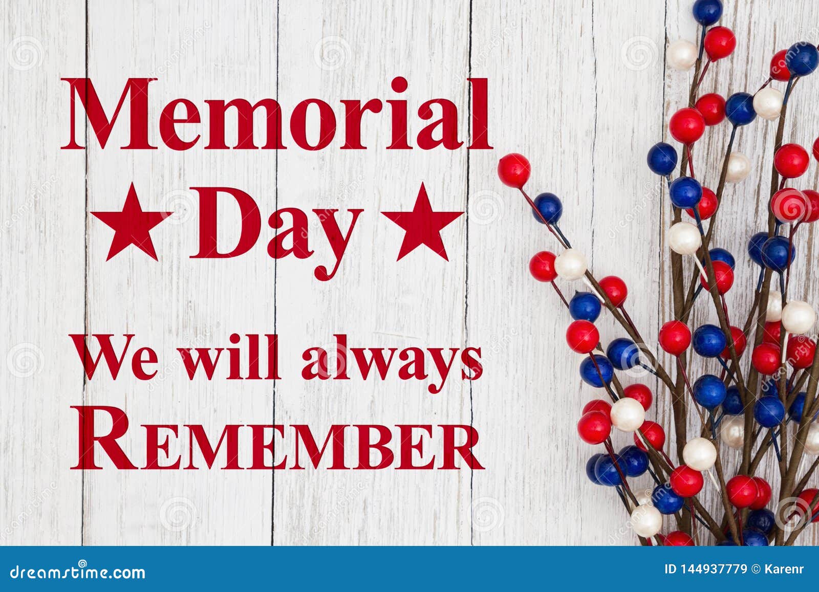 memorial day text with red, white and blue berry spray