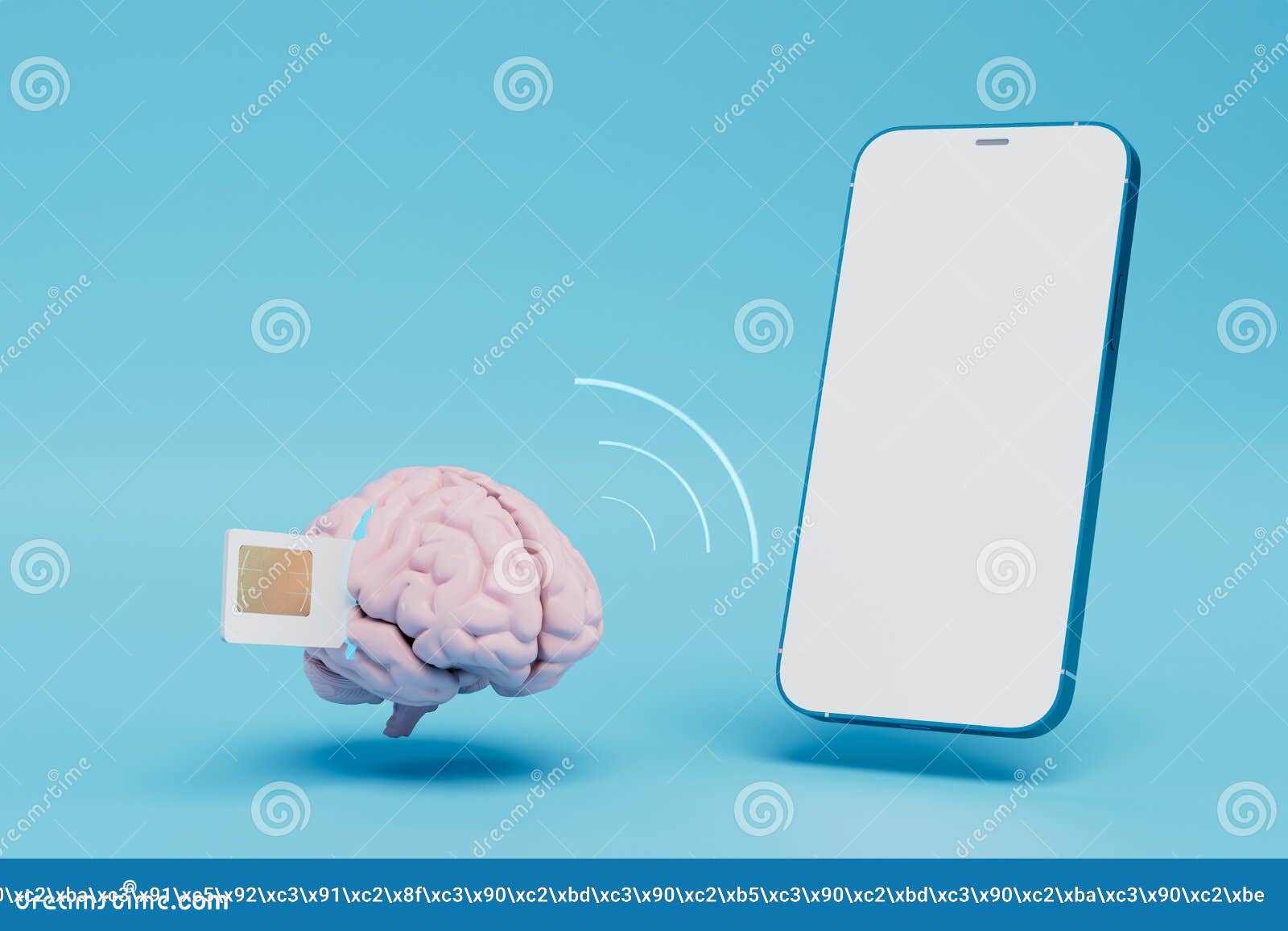 memorization of information from the sim card. brain with a sim card and a wi-fi icon and a smartphone. 3d render