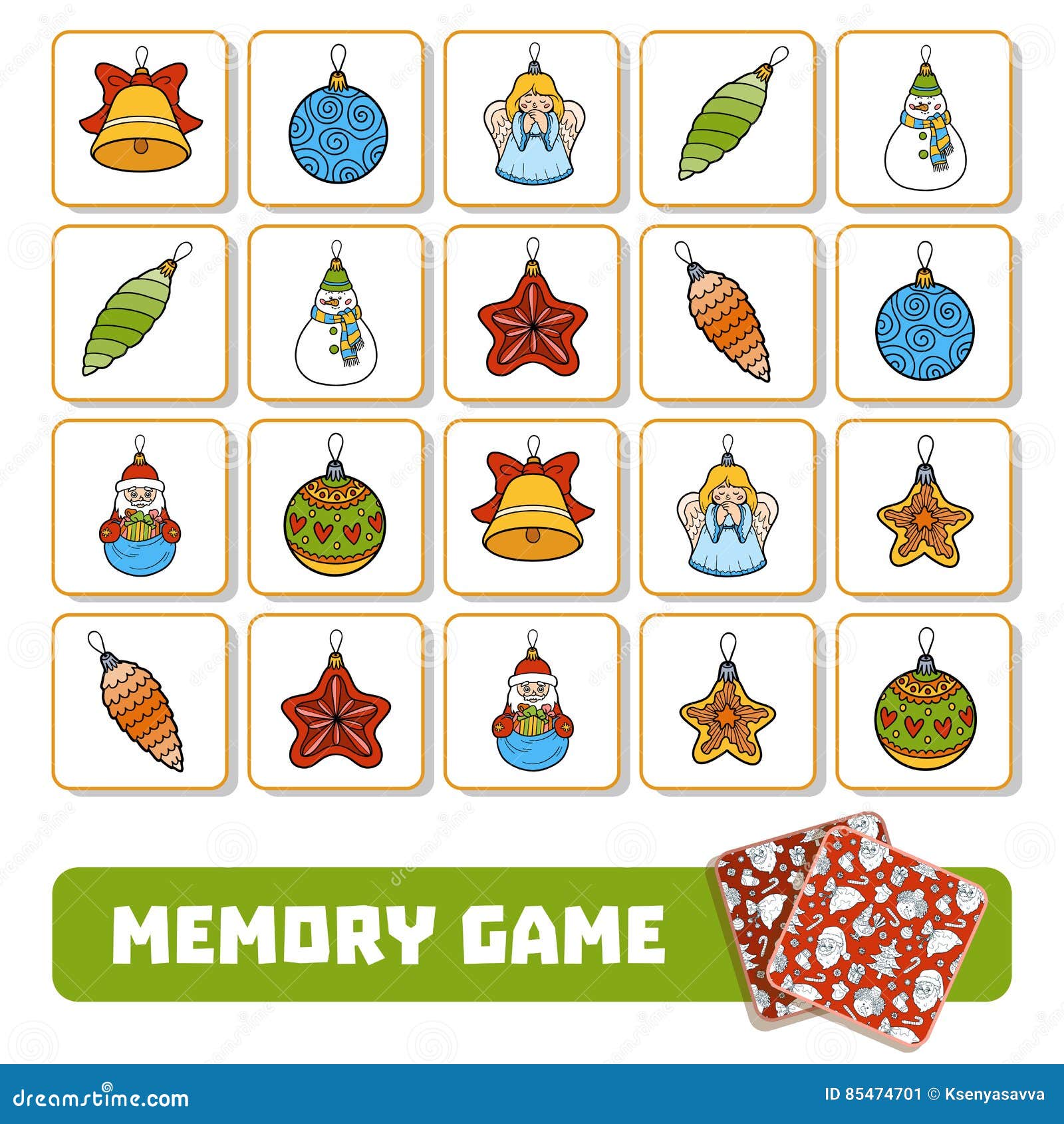 memory game for children, cards with christmas tree toys