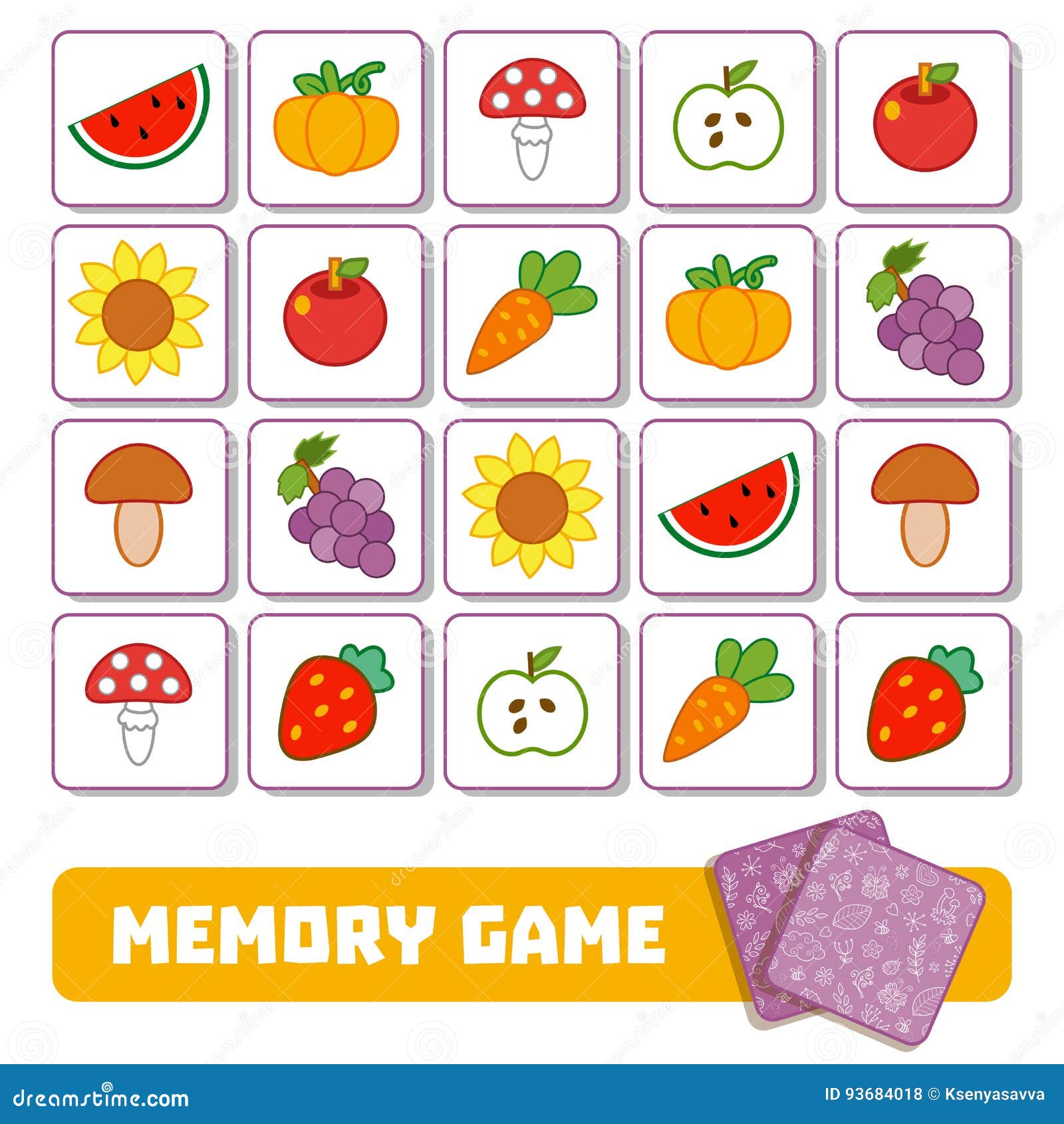 memory game for children, cards with fruits and vegetables