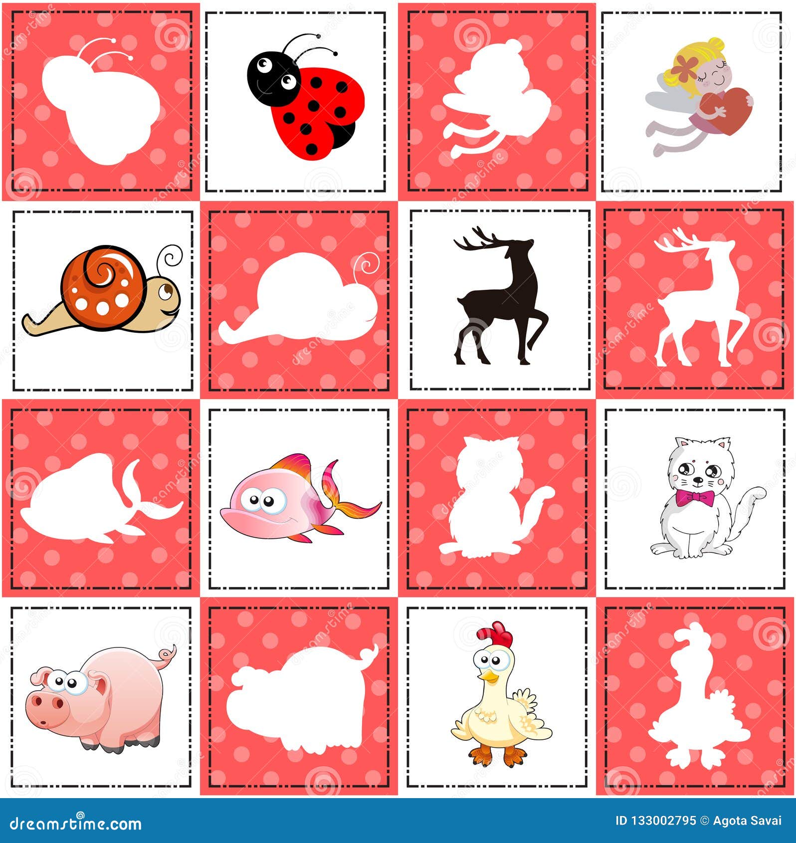 Memory Game for Preschool Children, Vector Cards with Cartoon