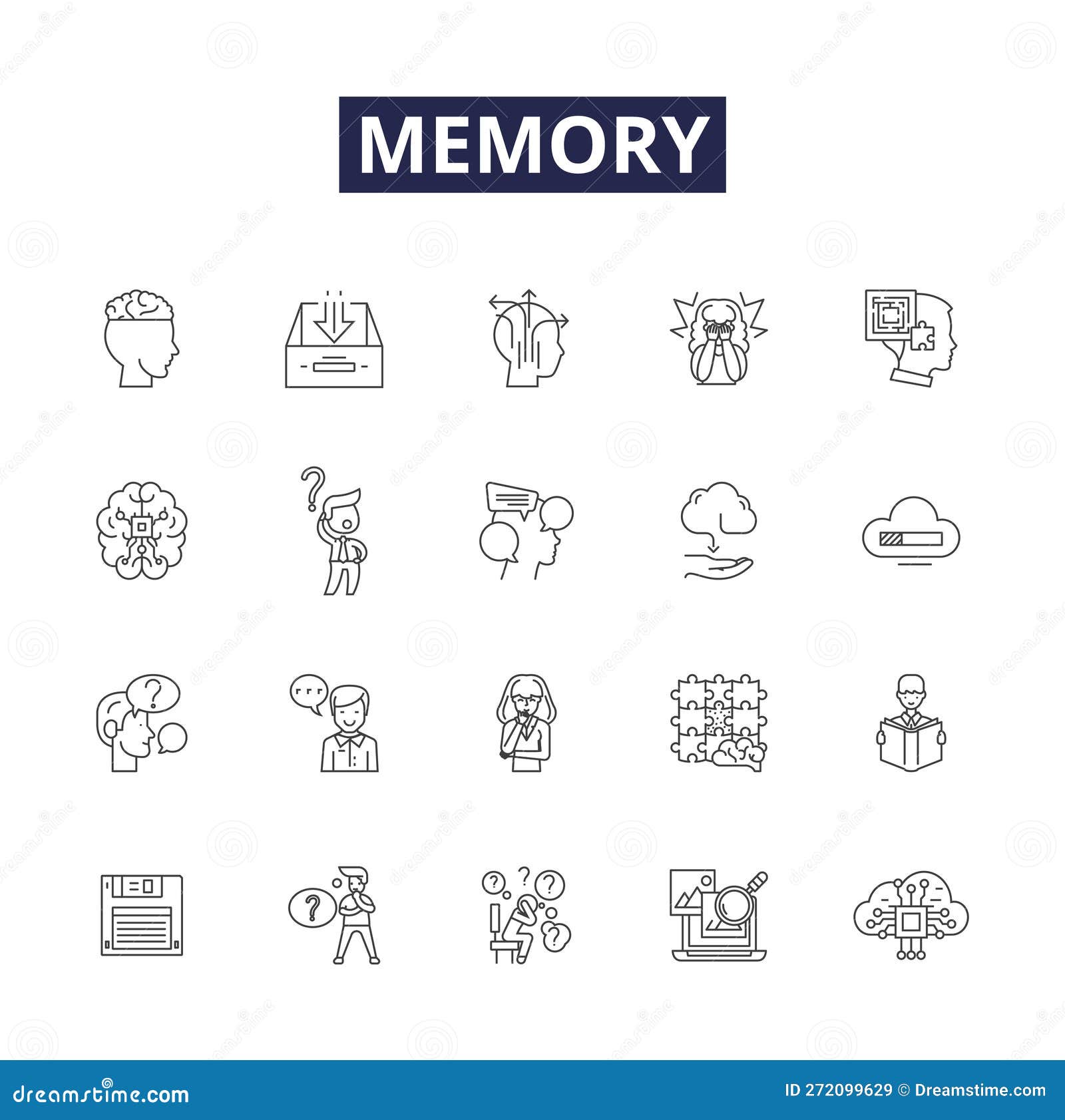 memory line  icons and signs. retention, remembrance, cache, memorize, reminisce, impression, legacy, mnemonic