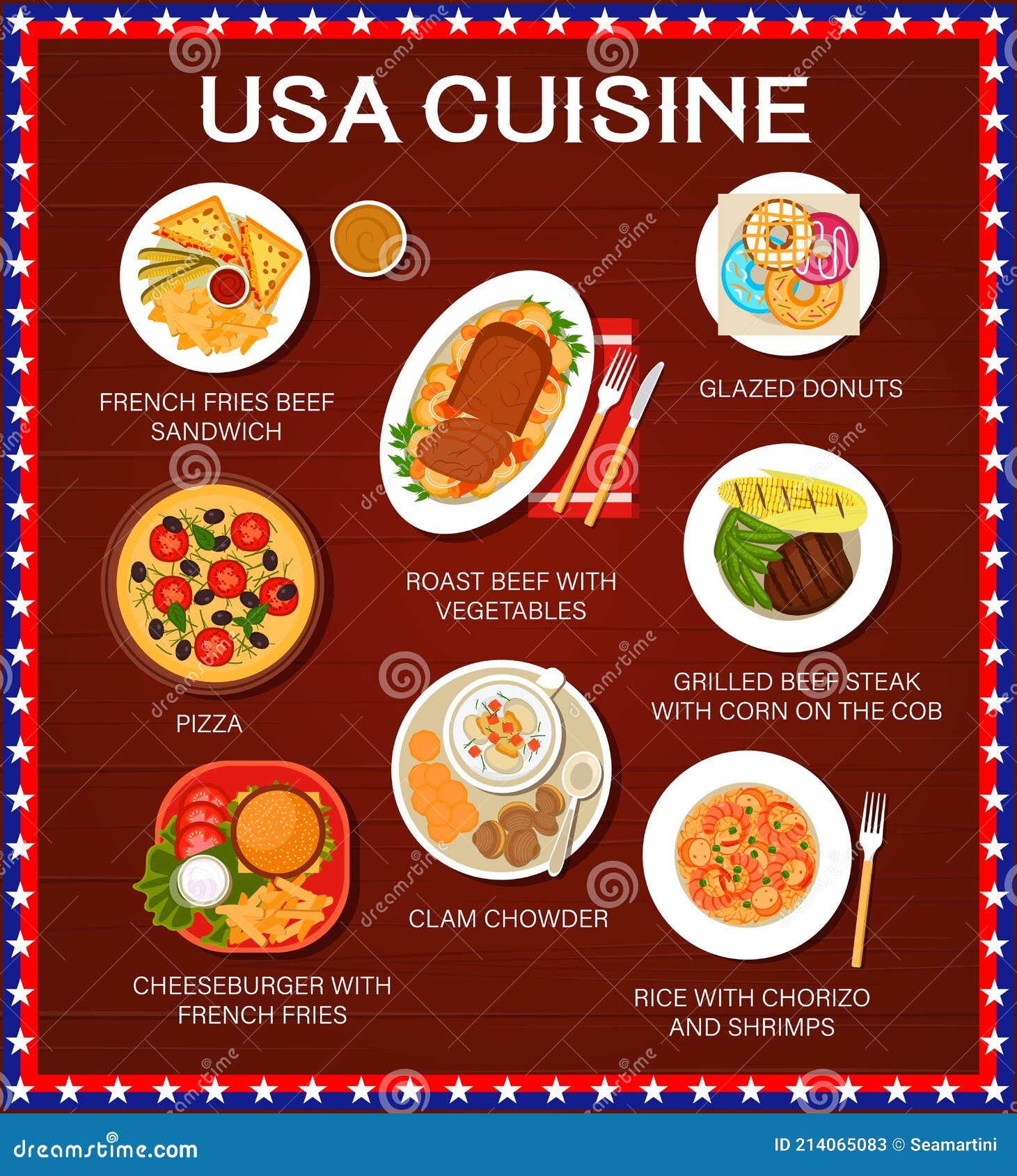 Menú De Comida Estadounidense Platos Y Comidas De Cocina Americana  Ilustración del Vector - Ilustración de parrilla, almuerzo: 214065083