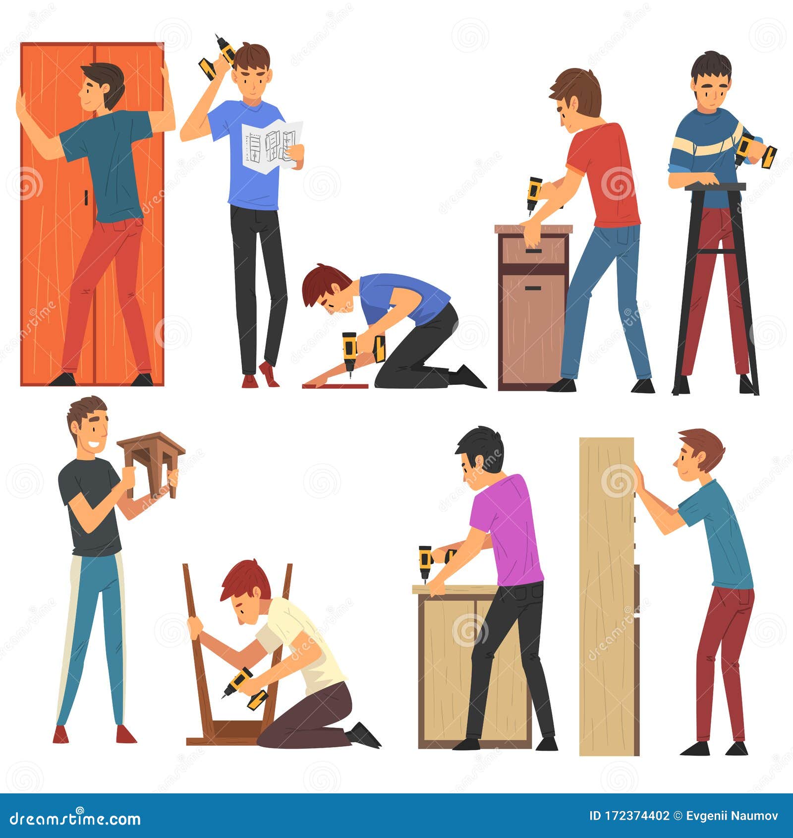 Men Assembling and Installing New Furniture Set, Manual Furniture