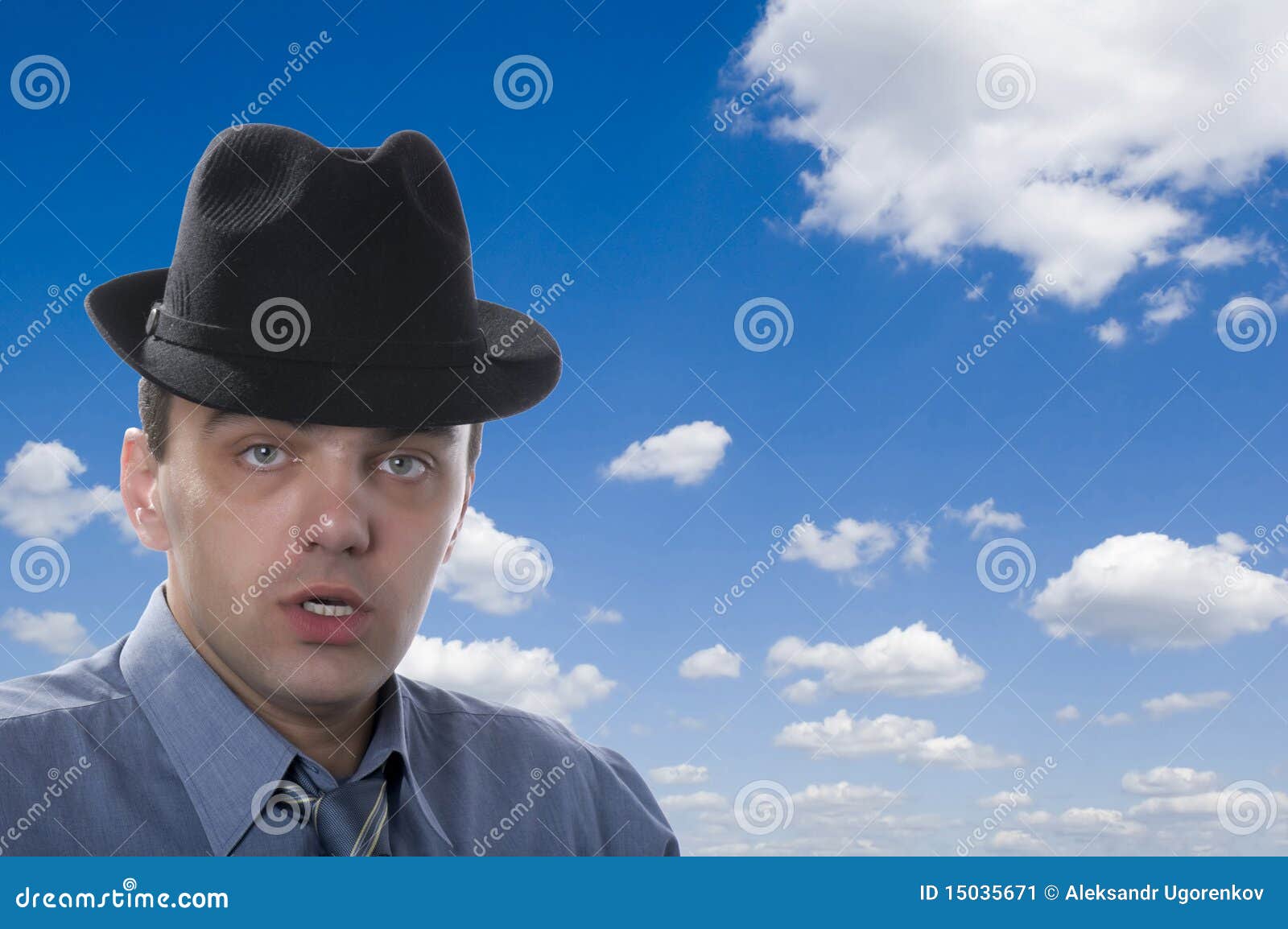 Men in Black Hat on Blue Sky Stock Image Image of cloud, portrait