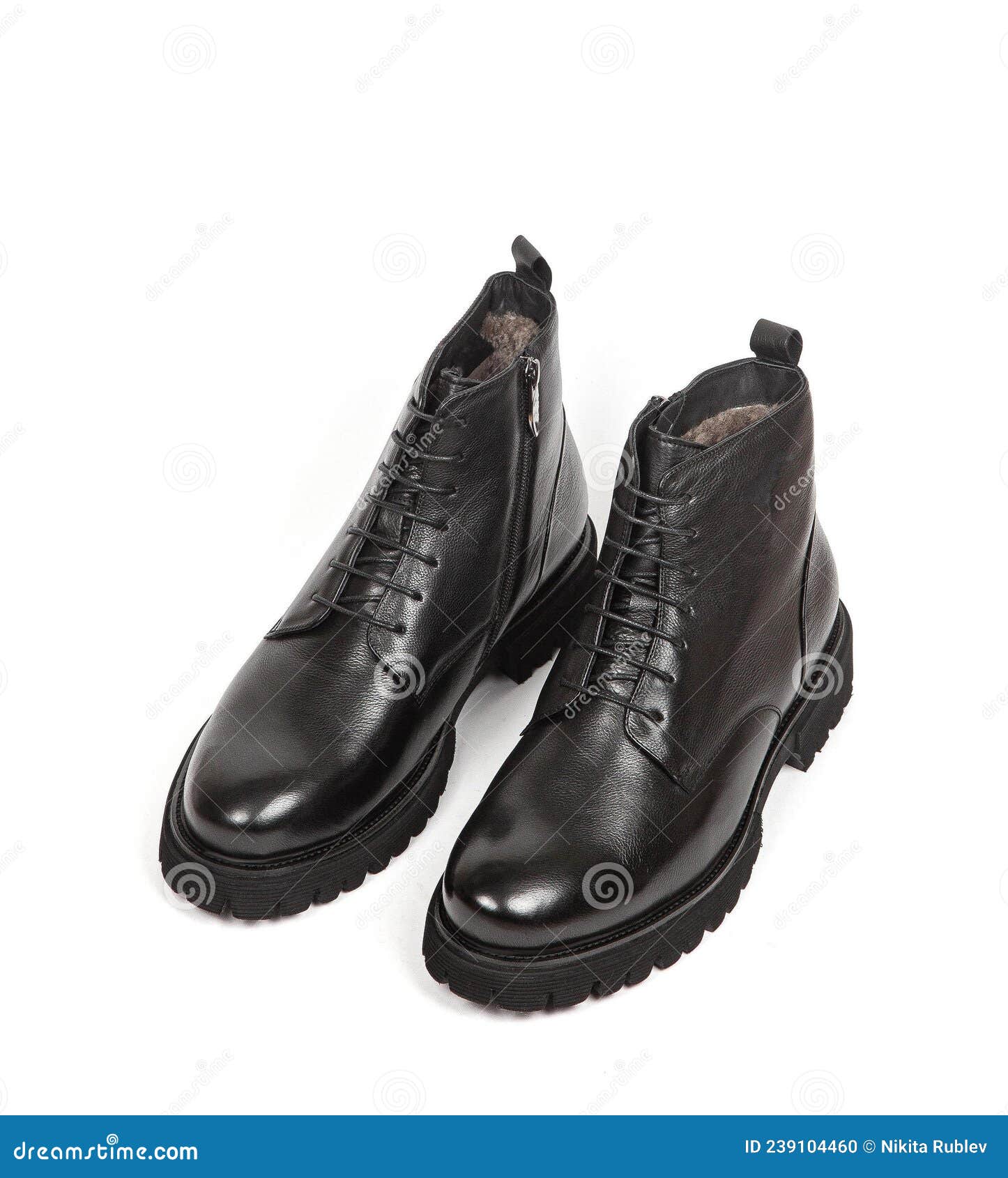 Men Black Winter Leather Boots with Fur Inside Isolated on White ...