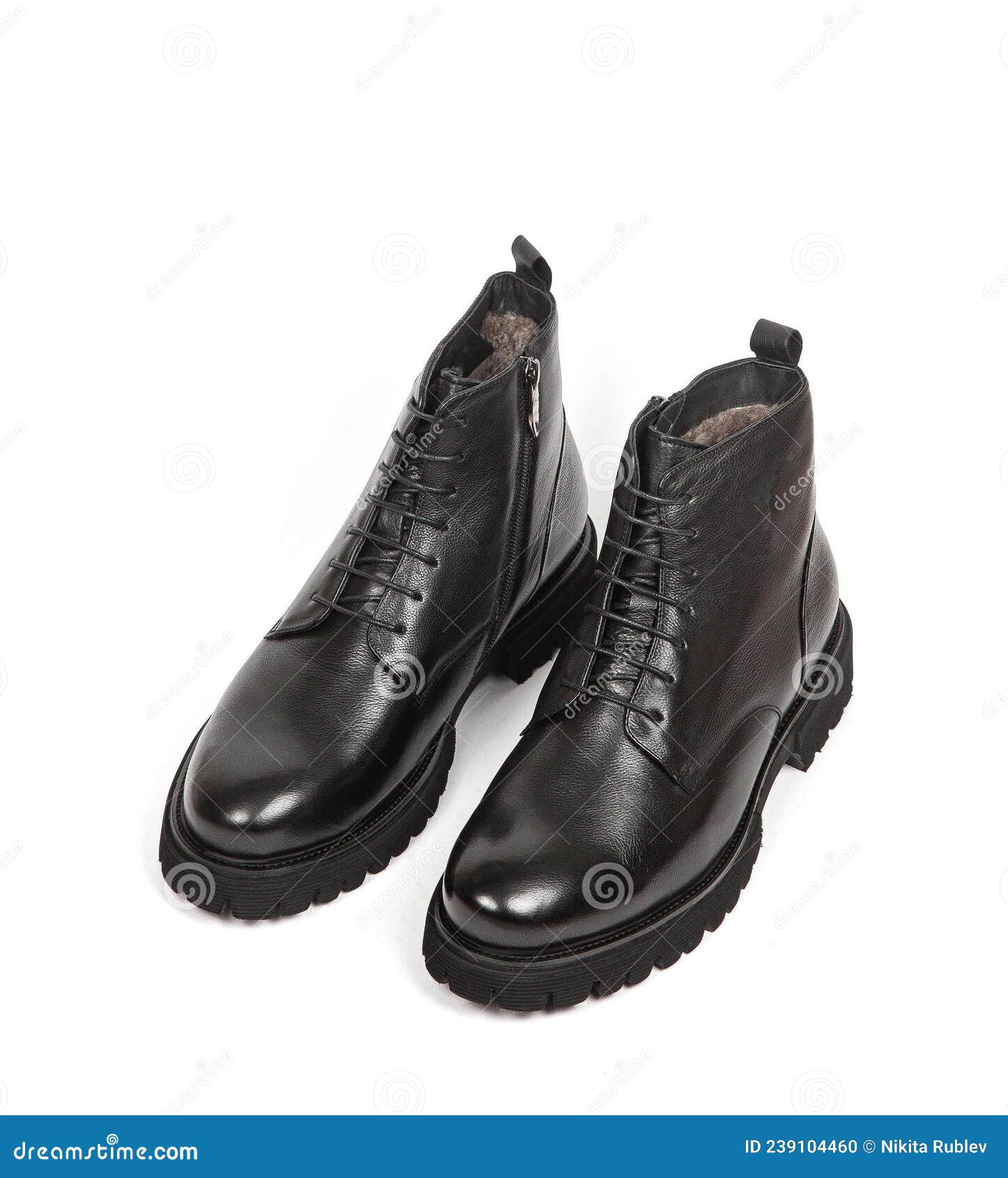 Men Black Winter Leather Boots with Fur Inside Isolated on White