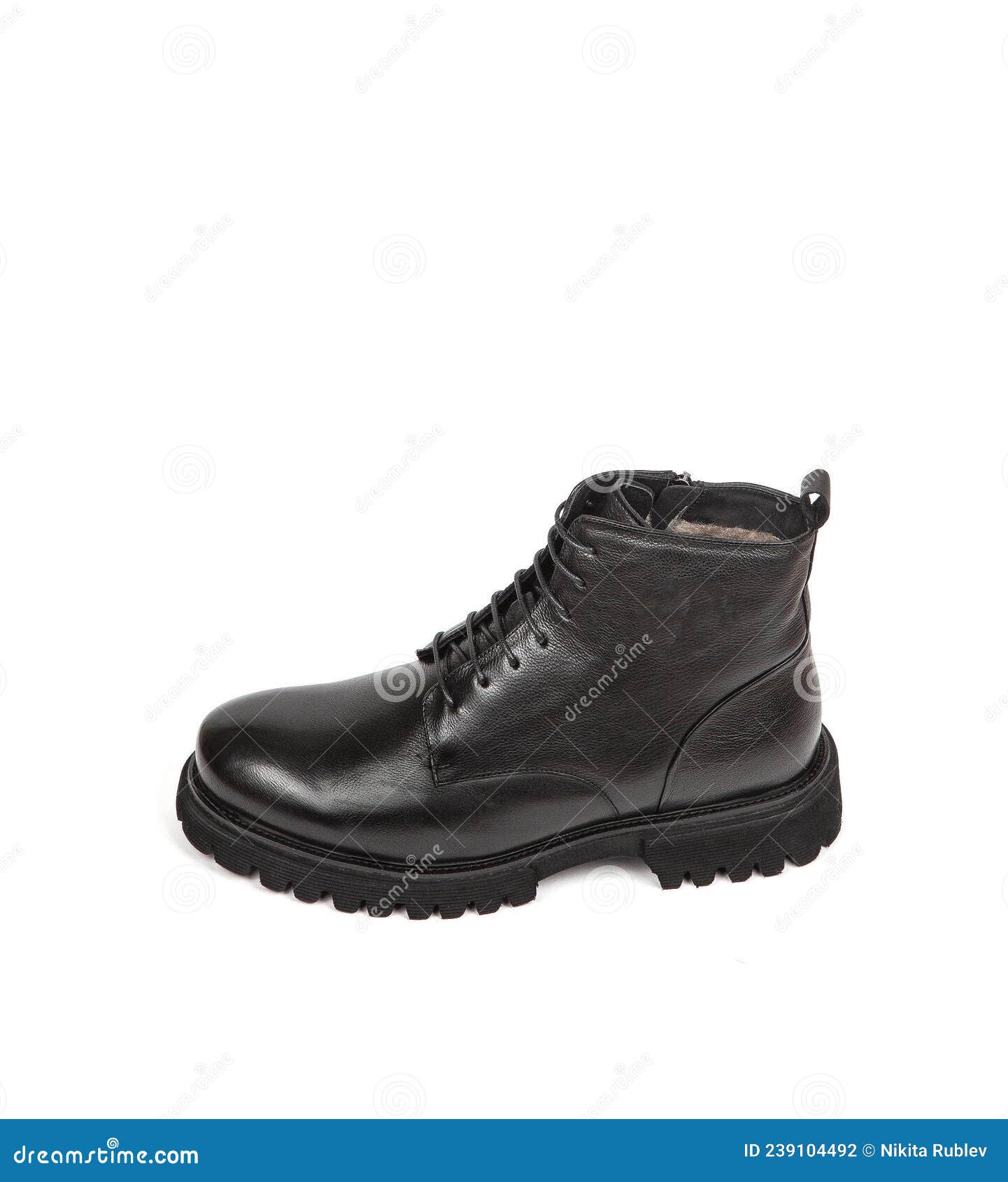 Men Black Winter Leather Boots with Fur Inside Isolated on White