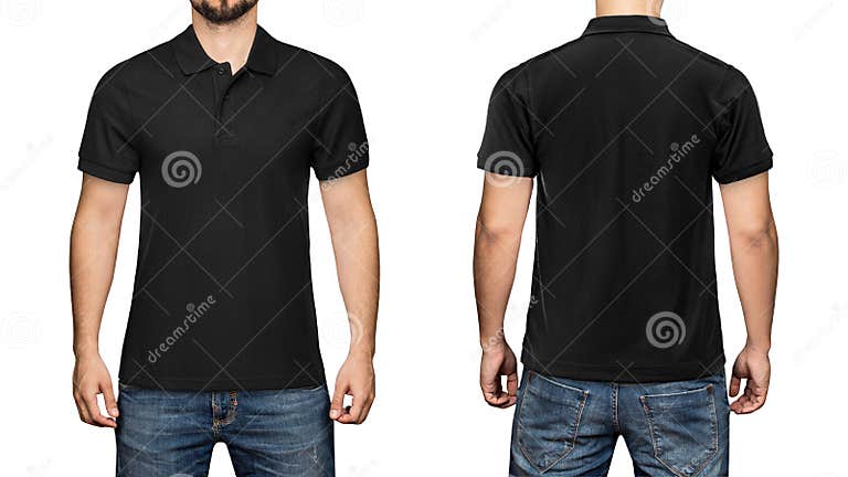 Men in Blank Black Polo Shirt, Front and Back View, White Background ...