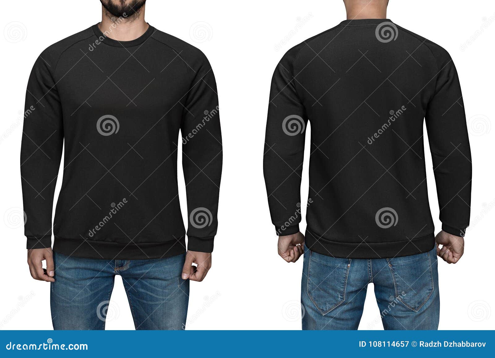 men in blank black pullover, front and back view, white background.  sweatshirt, template and mockup for print.