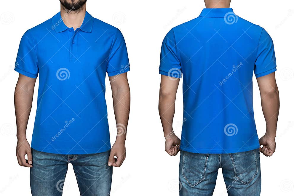 Men in Blank Blue Polo Shirt, Front and Back View, White Background ...