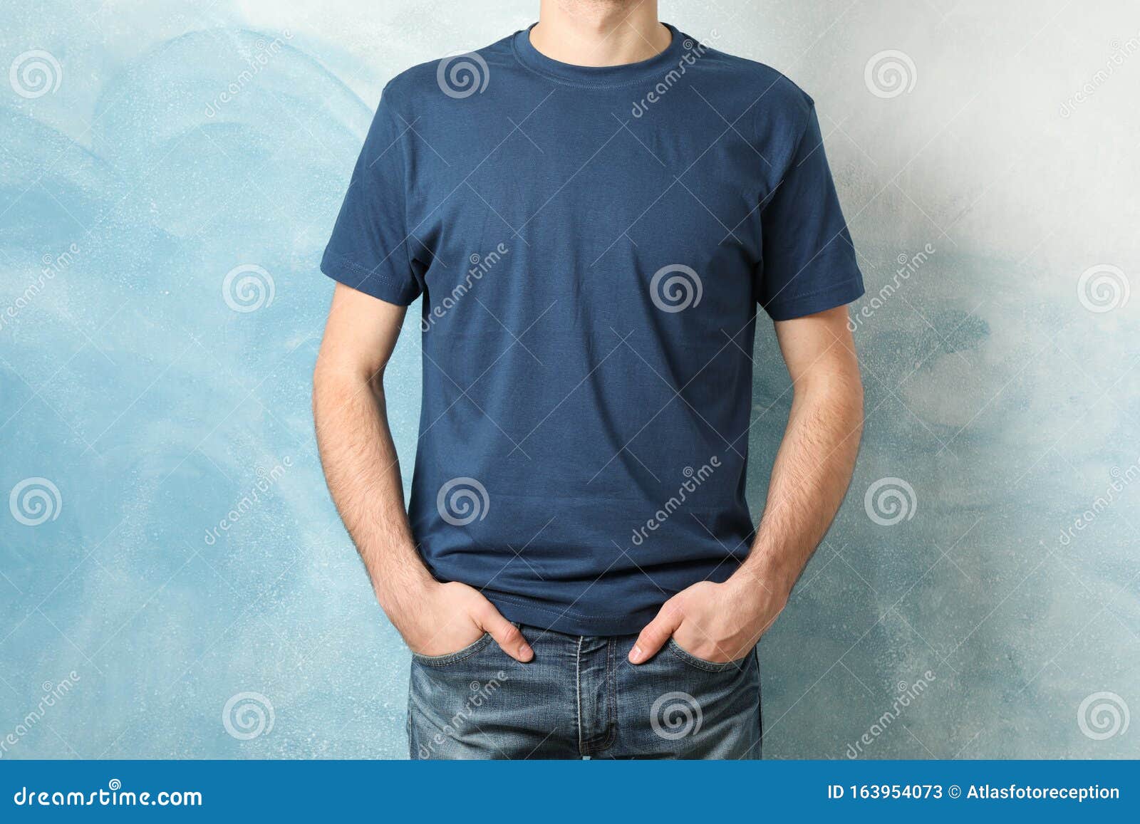 Men in Blank Blue T-shirt Against Color Background Stock Image - Image ...