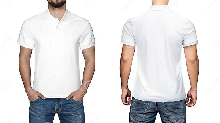 Men in Blank White Polo Shirt, Front and Back View, White Background ...