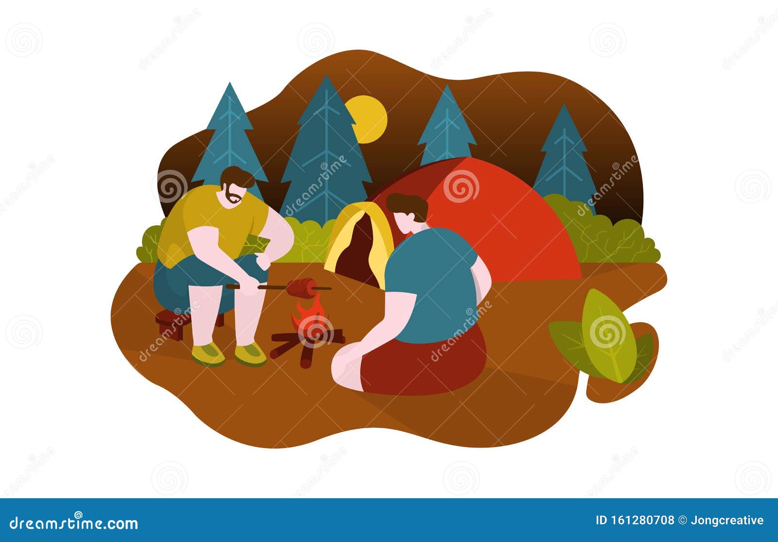 Download Men Camping Grilling Meat With Campfire Near By Tent Flat ...