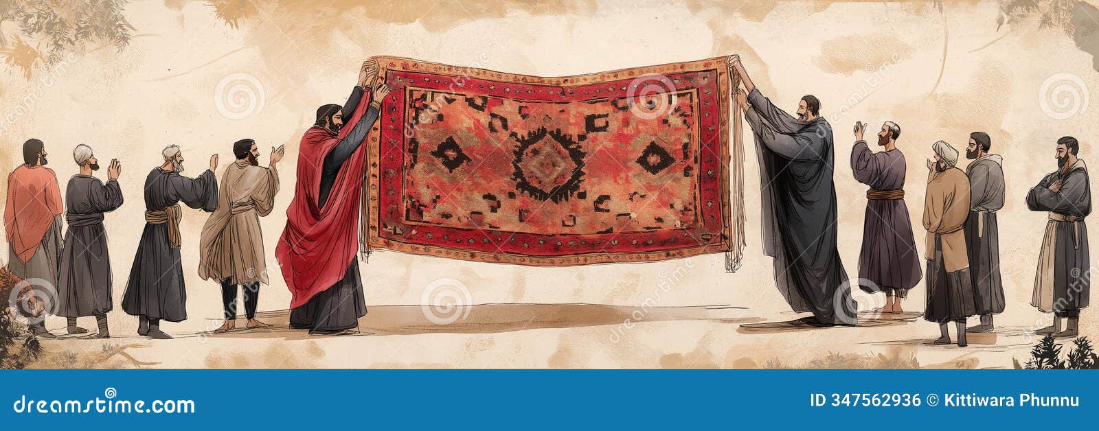 men clad in medieval garb held magic persian carpet, their hand steady as they stand, like figure from ancient islamic manuscript
