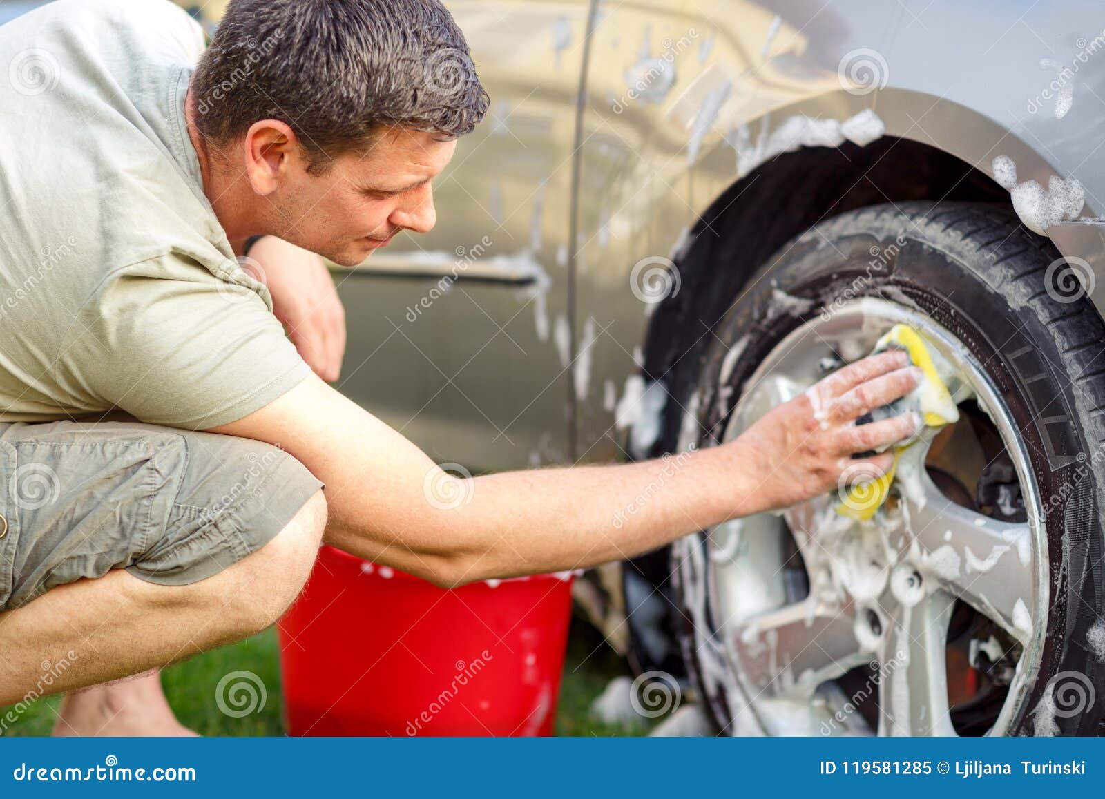 Men Cleaning Wheels with a Sponge and Foam Stock Image Image of clean