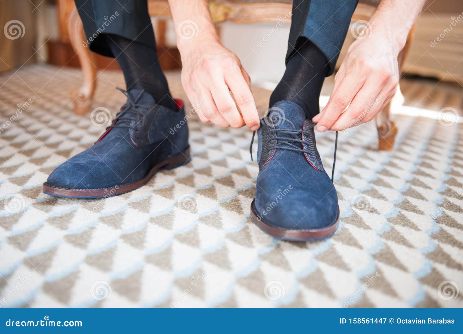 Men Closing Shoelace on Blue Suede Shoes Stock Image - Image of male ...