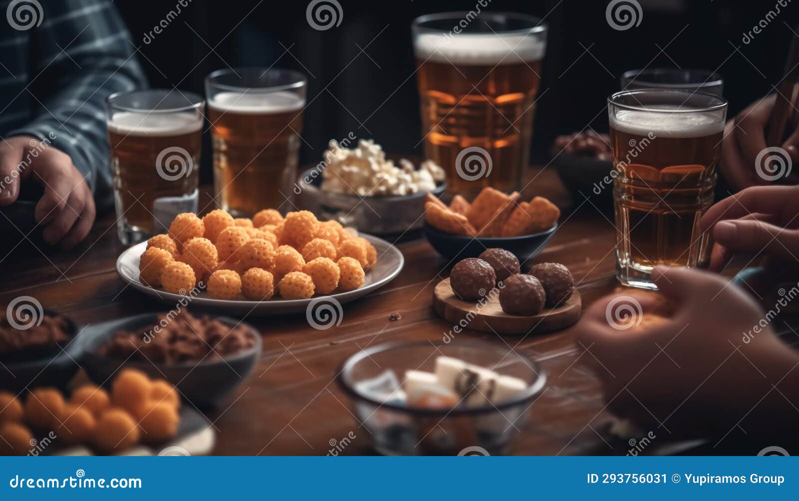 Men Drinking Beer at a Pub, Enjoying Homemade Pub Food Generated by AI