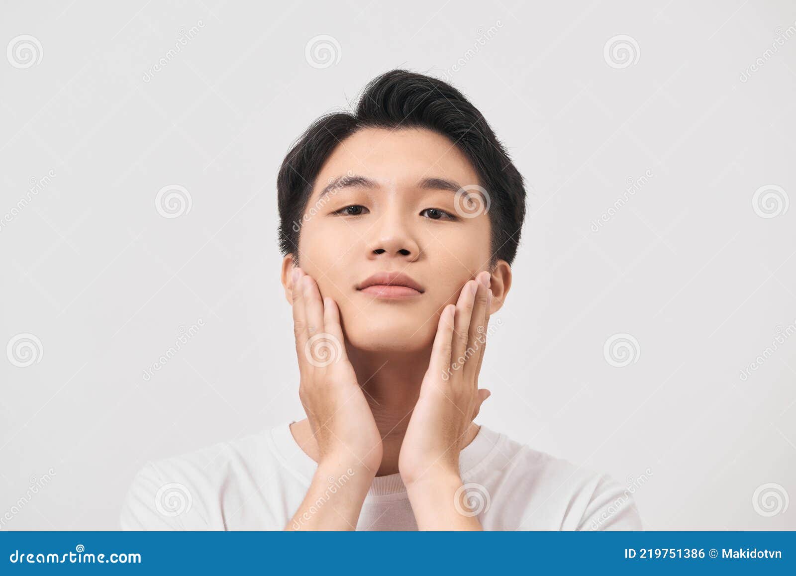 Men Face Care. Man Touching Smooth Skin after Shaving Stock Photo Image of chinese, healthy
