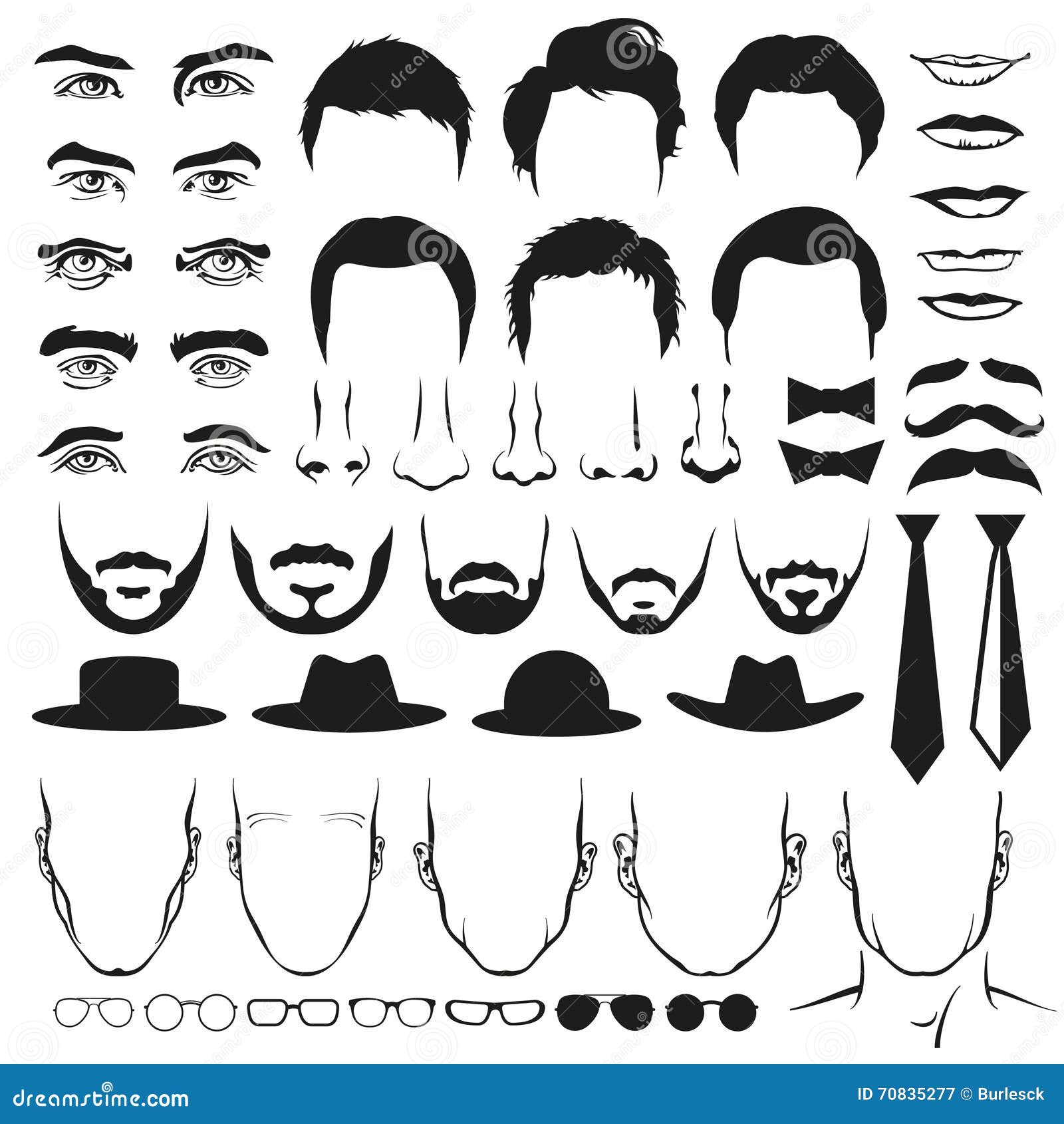 Men Face Parts. Eyes, Noses, Mustaches, Glasses, Hats, Lips, Hairstyle,  Ties and Beards. Vector Set Stock Vector - Illustration of hairstyle, hair:  70835277