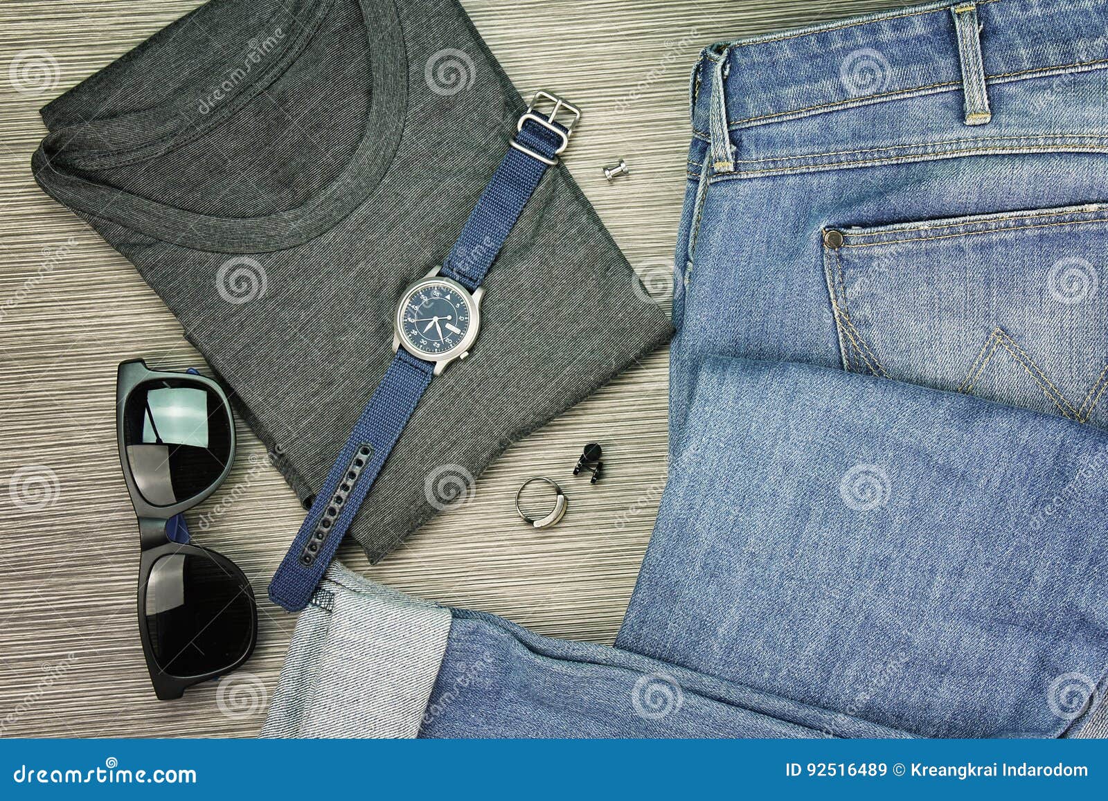 men fashion, casual outfits, set of clothes and various accessories.