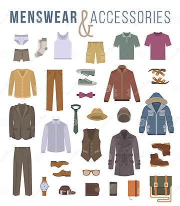 Men Fashion Clothes and Accessories Flat Vector Icons Stock Vector ...