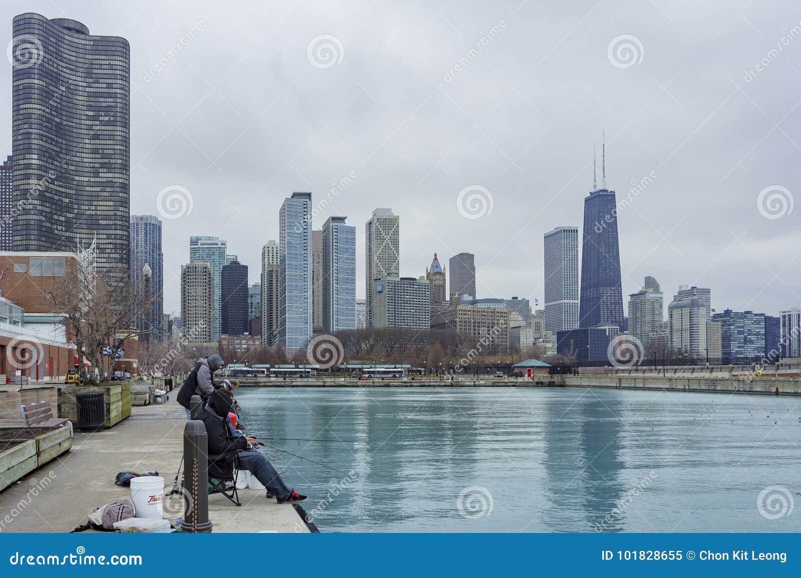 Men Fishing With Chicago Skyline From Navy Pier Editorial