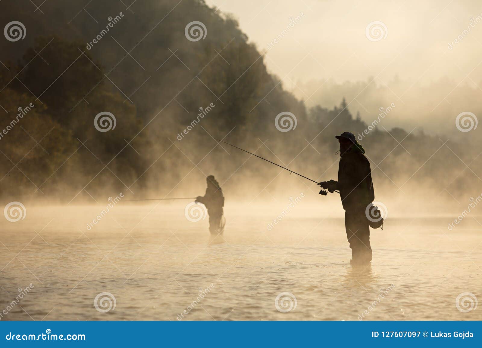 Men Fishing in River with Fly Rod during Summer Morning. Stock