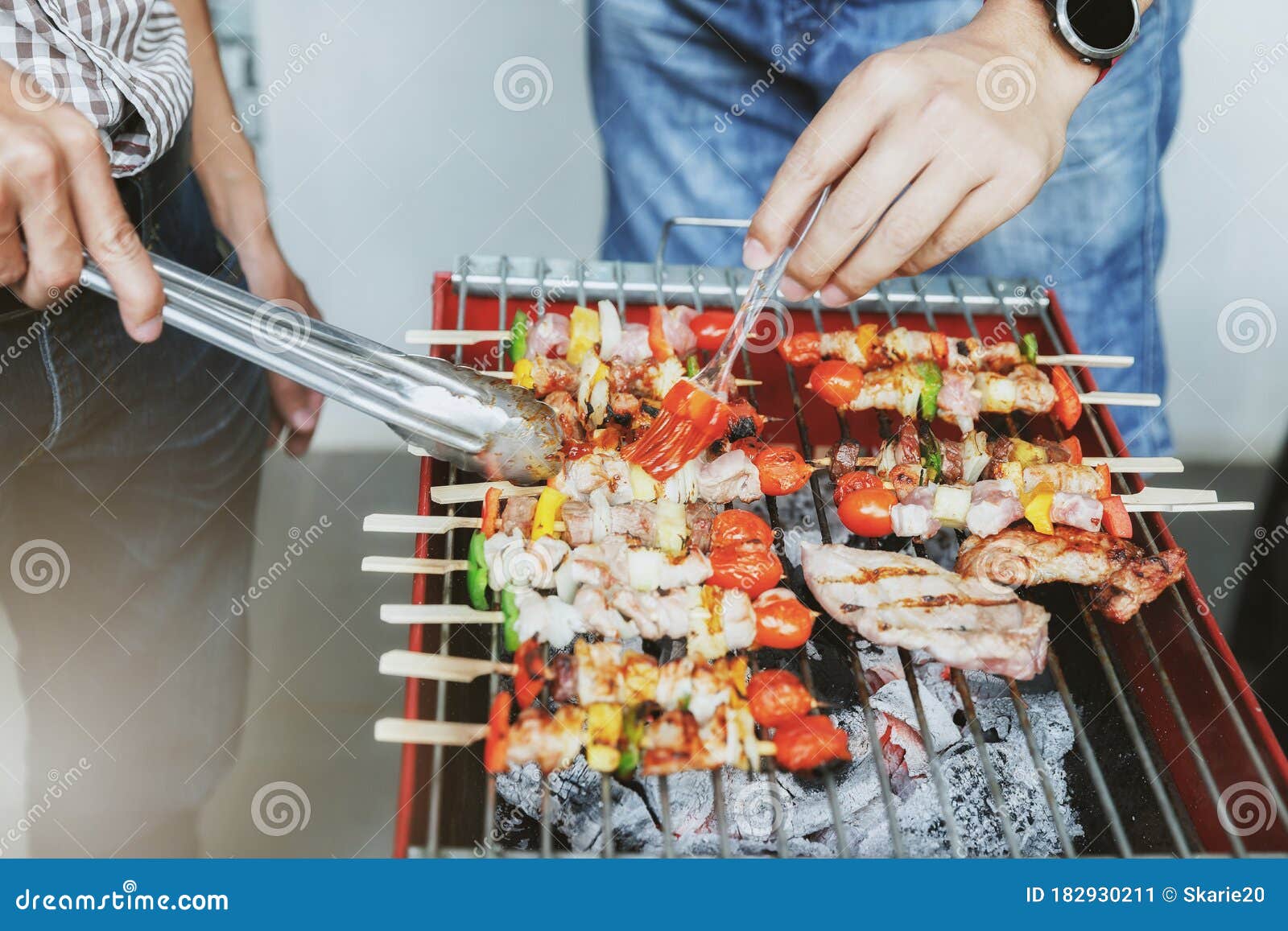 Men Grilling Pork And Barbecue In Dinner Party Food People And Family Time Concept Stock Image Image Of Happy Dinner 182930211